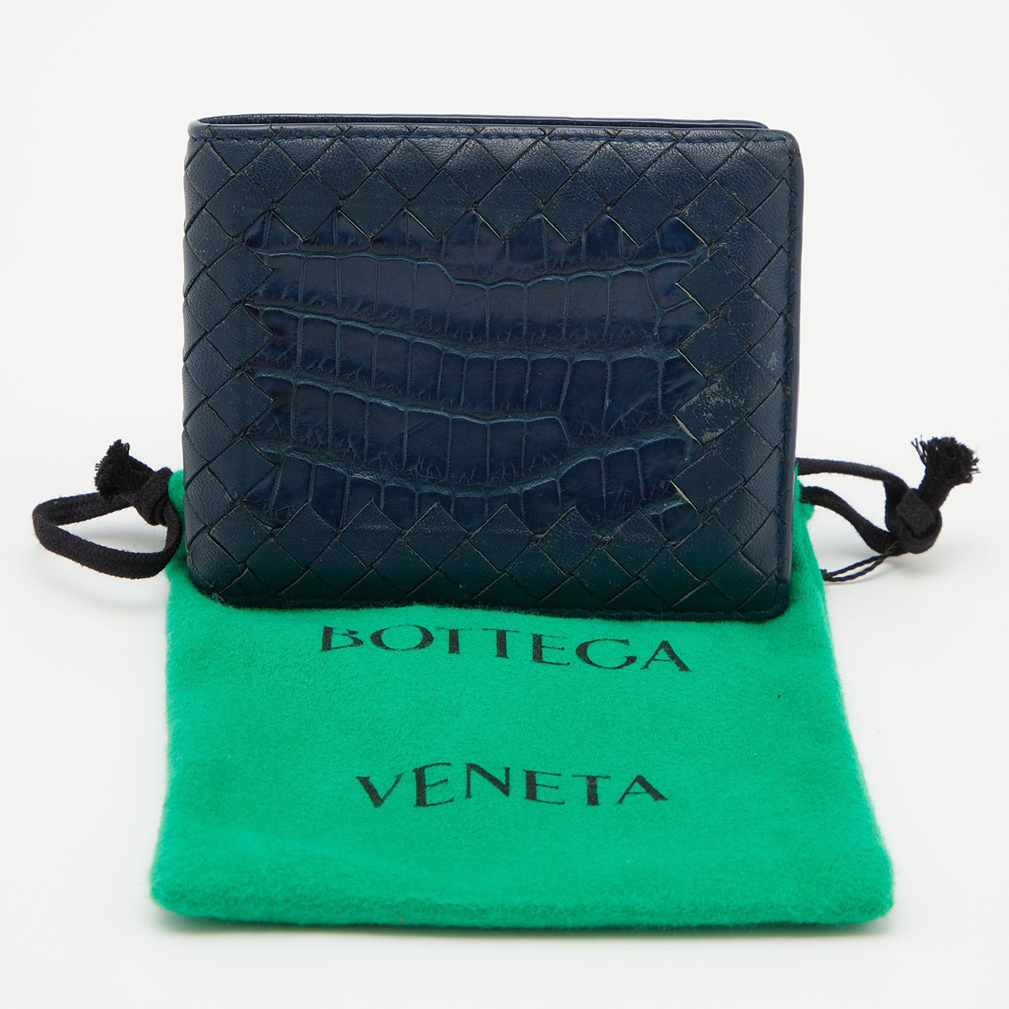 Bottega Veneta Blue Intrecciato Leather And Crocodile Bifold Wallet