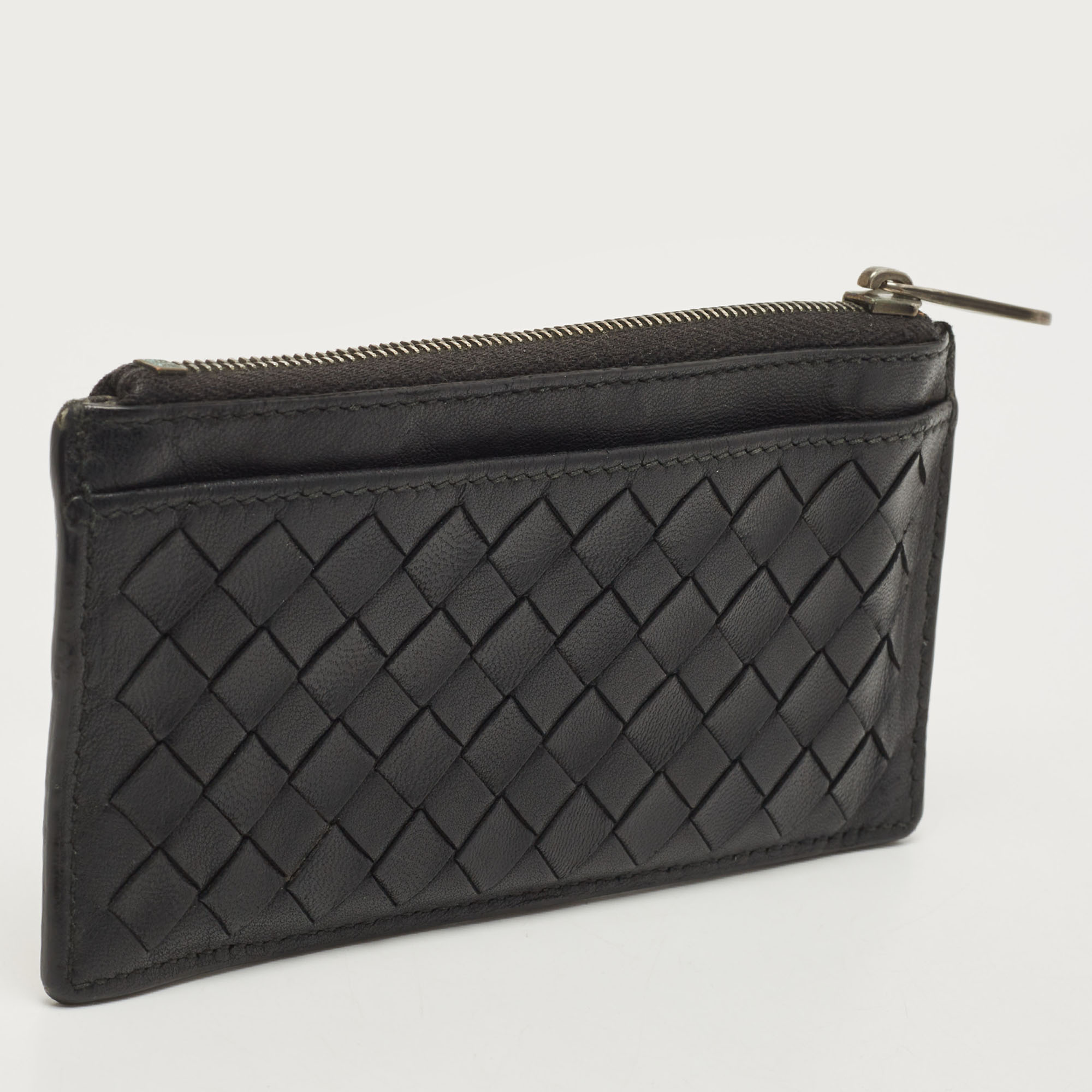 Bottega Veneta Black/White Intrecciato Leather Zip Card Holder