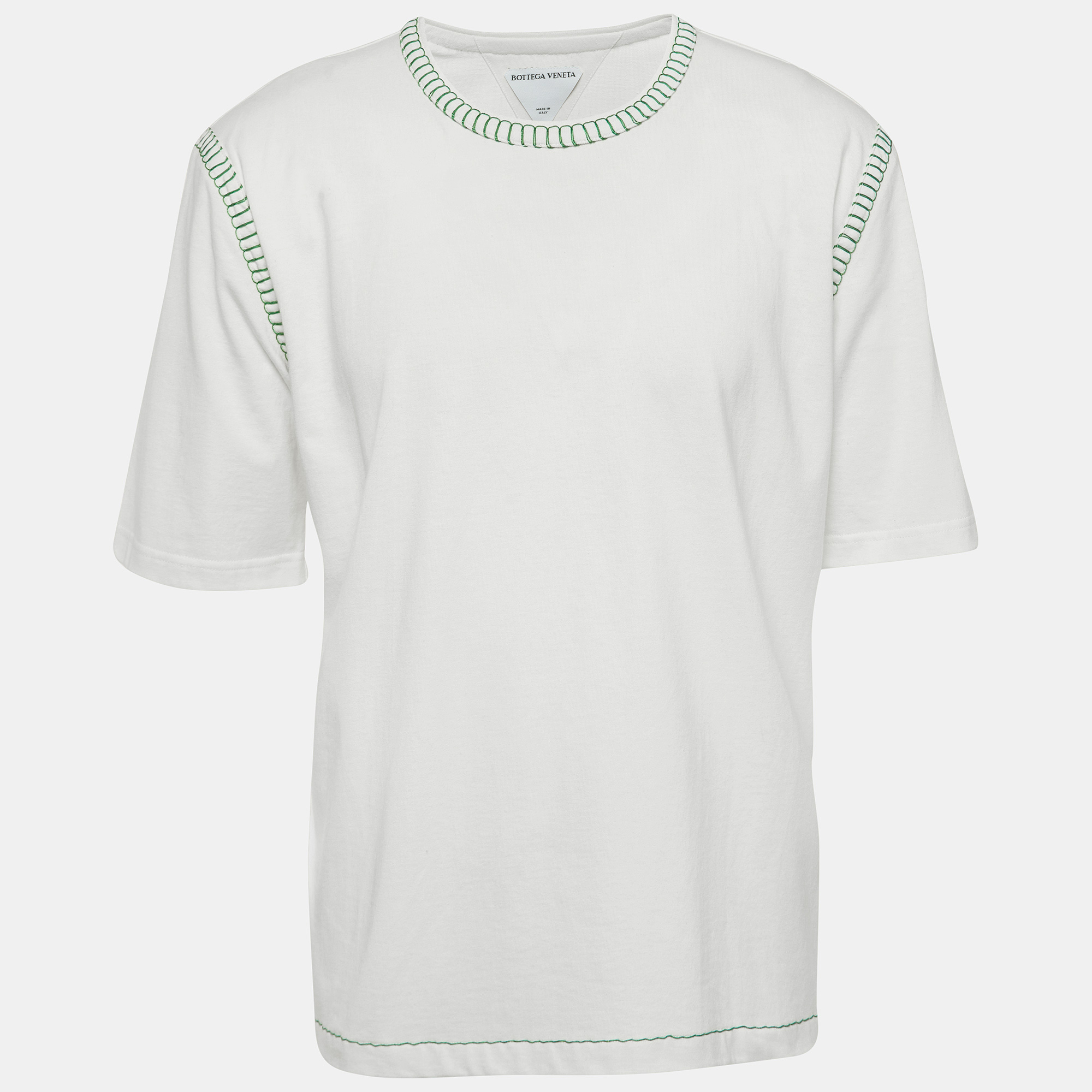 Bottega veneta white cotton cotton contrast stitch detail t-shirt xl