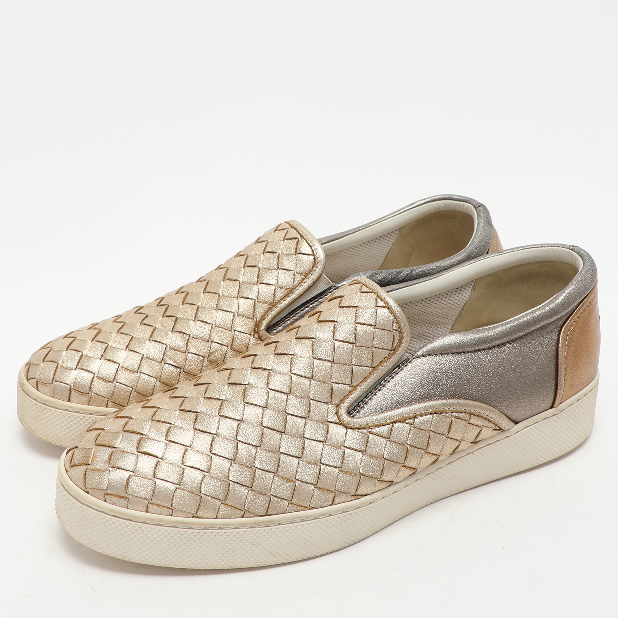 Bottega Veneta Gold/Silver Intrecciato Leather Dodger Slip On Sneakers Size 40