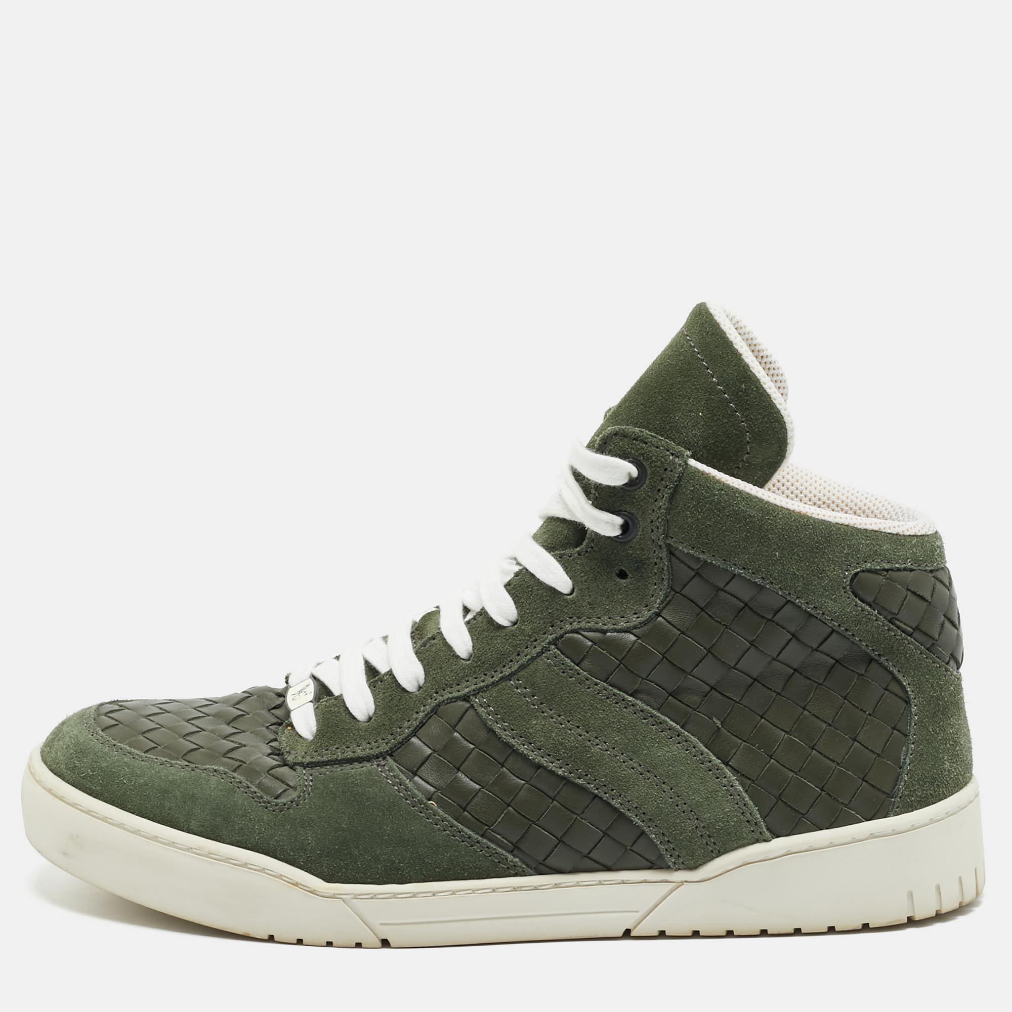Bottega Veneta Olive Green Suede and Intrecciato Leather High Top Sneakers Size
Bottega Veneta Olive Green Suede and Intrecciato Leather High Top Sneakers Size