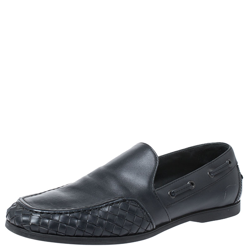 Image of Bottega Veneta Black Intrecciato Leather Slip On Loafers Size