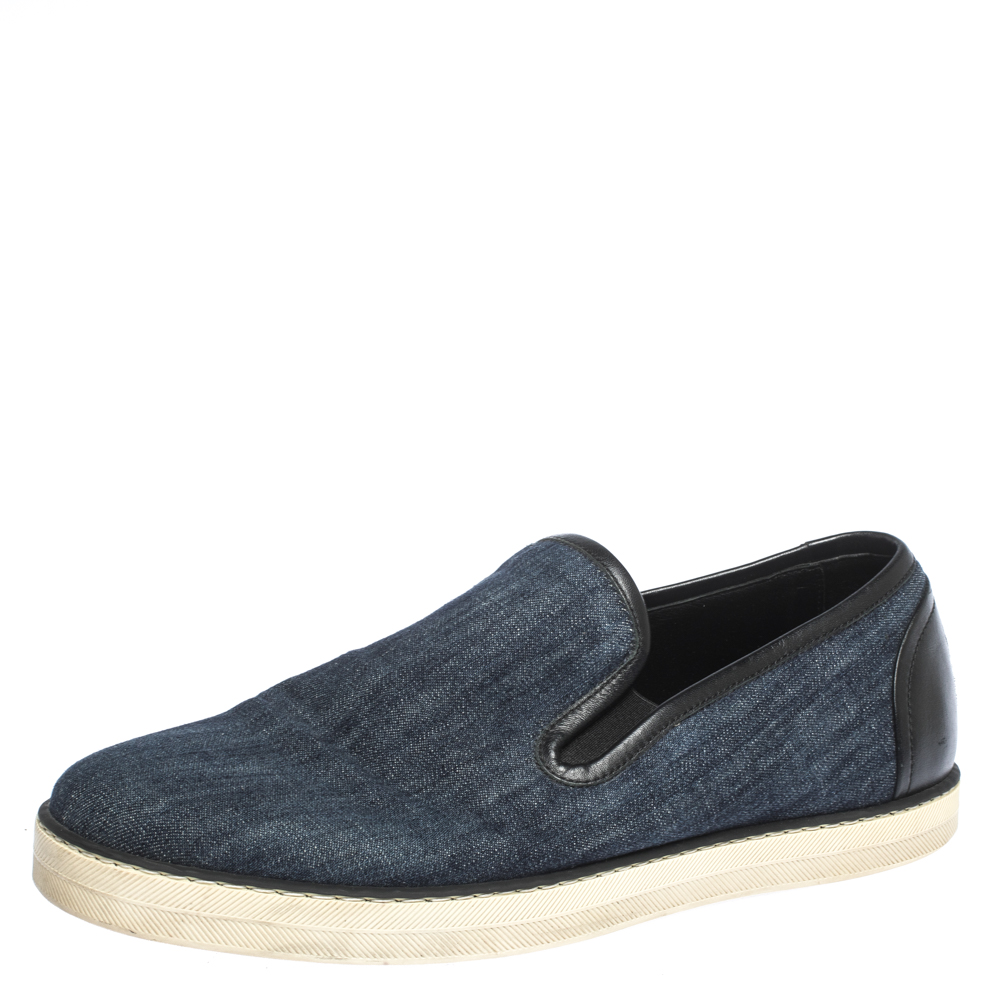 Image of Bottega Veneta Blue Denim And Black Leather Trim Slip On Sneakers Size