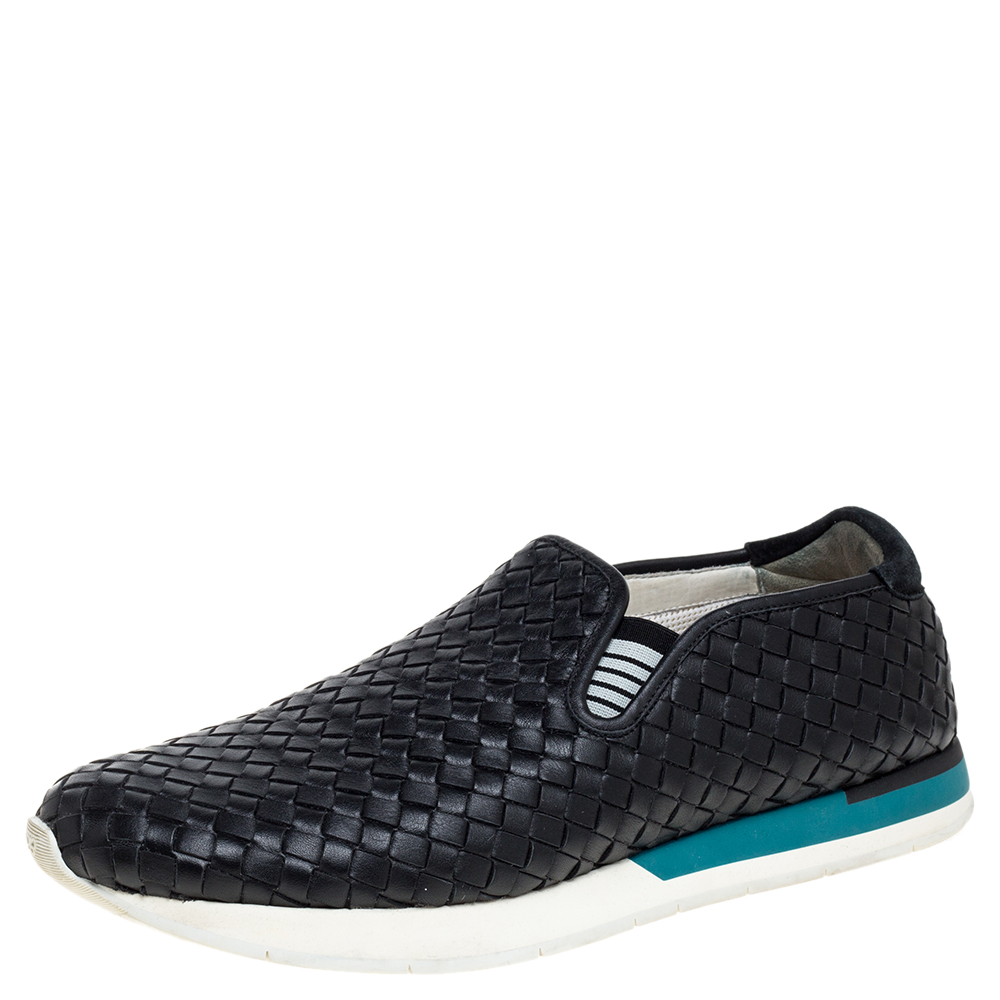 Image of Bottega Veneta Black Intrecciato Leather Slip On Sneakers Size