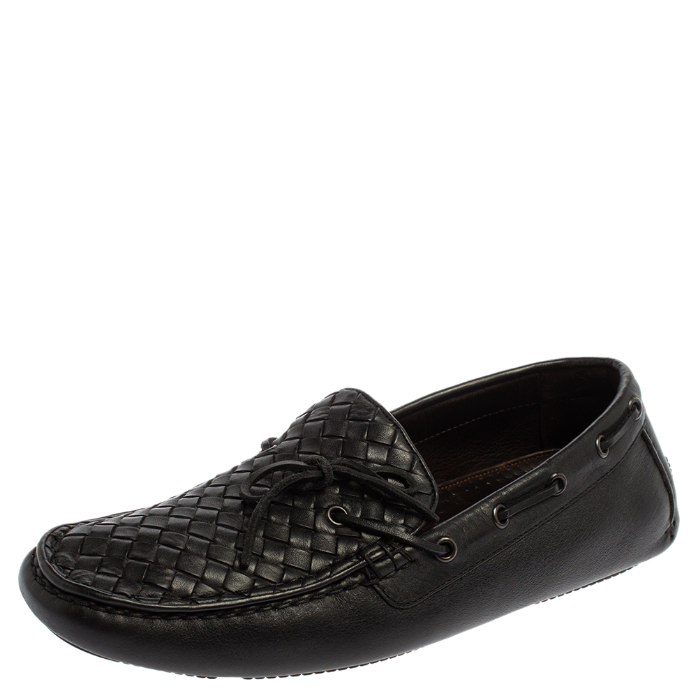 Image of Bottega Veneta Black Intrecciato Leather Bow Slip On Loafers Size