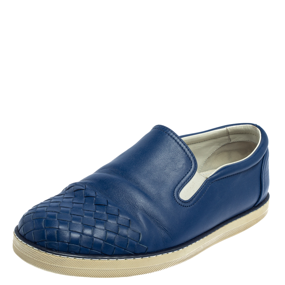 Bottega Veneta Blue Intrecciato Leather Slip On Sneakers Size 41