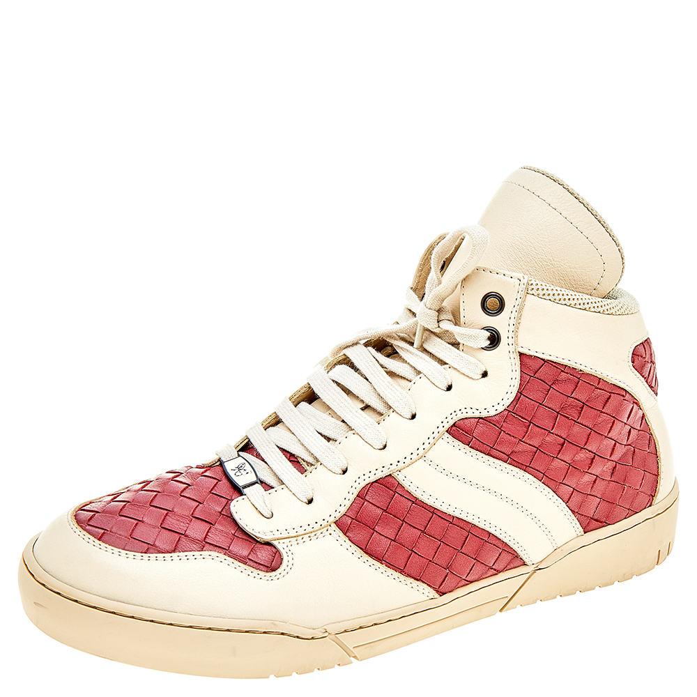 Bottega Veneta Cream/Maroon Intrecciato Leather High Top Lace Up Sneaker Size 42