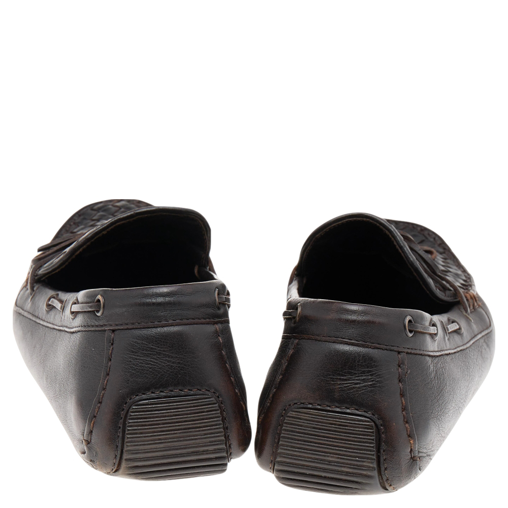 Bottega Veneta Dark Brown Intrecciato Leather Bow Slip On Loafers Size 45