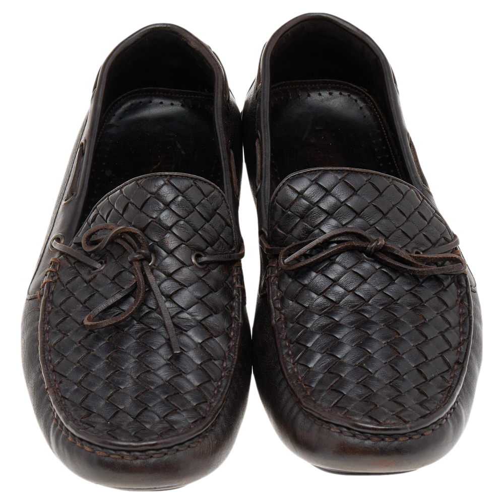 Bottega Veneta Dark Brown Intrecciato Leather Bow Slip On Loafers Size 45