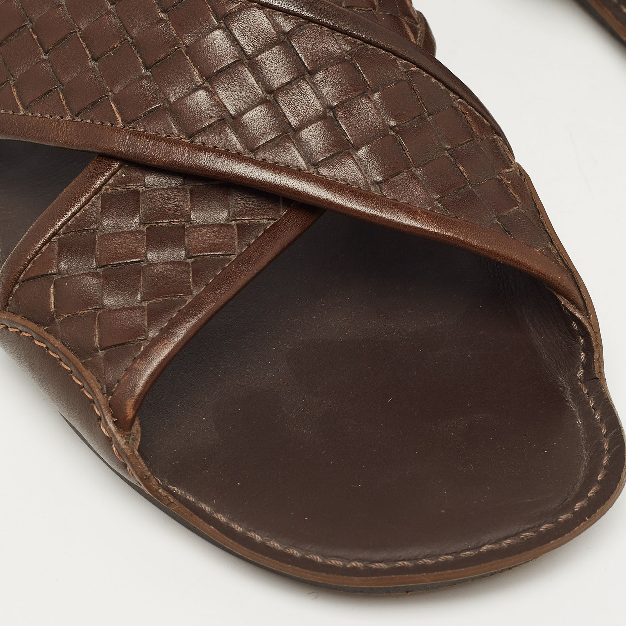 Bottega Veneta Brown Intrecciato Leather Cross Strap Slides Size 43