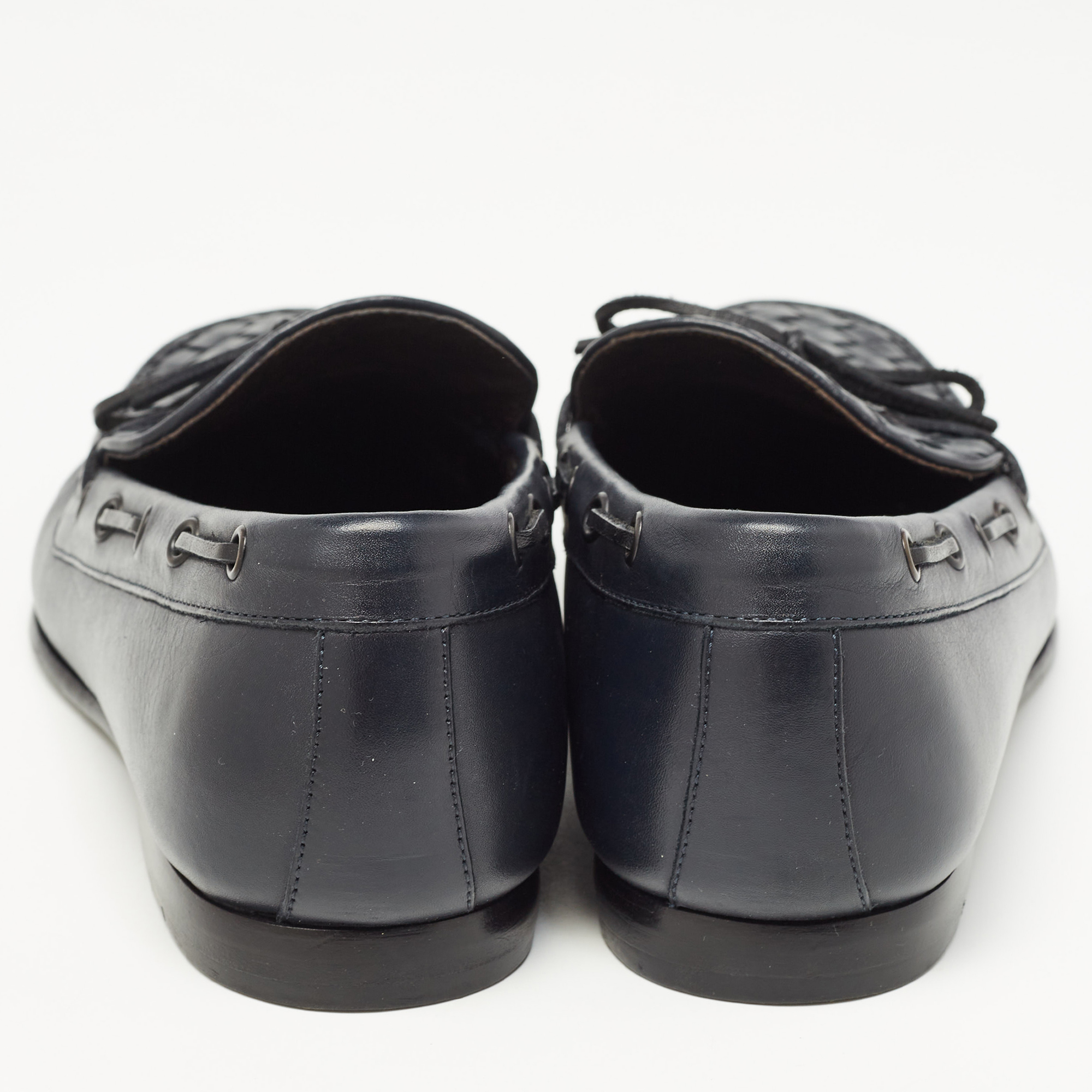 Bottega Veneta Navy Blue Leather Intrecciato Bow Loafers Size 43.5