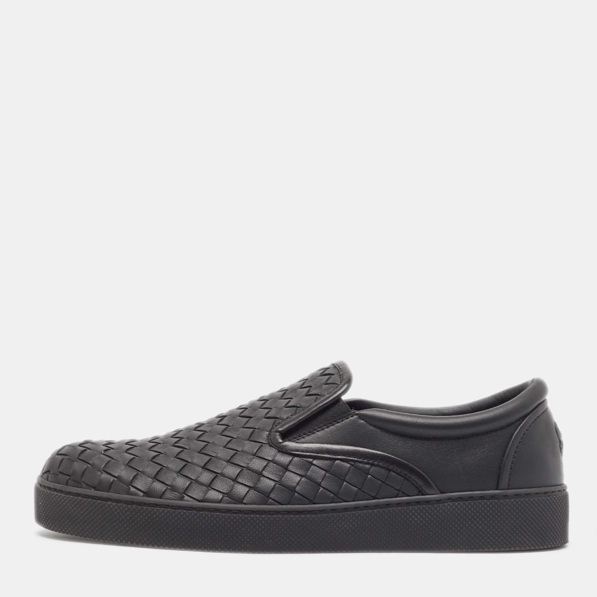 Bottega veneta black intrecciato leather slip on sneakers size 40