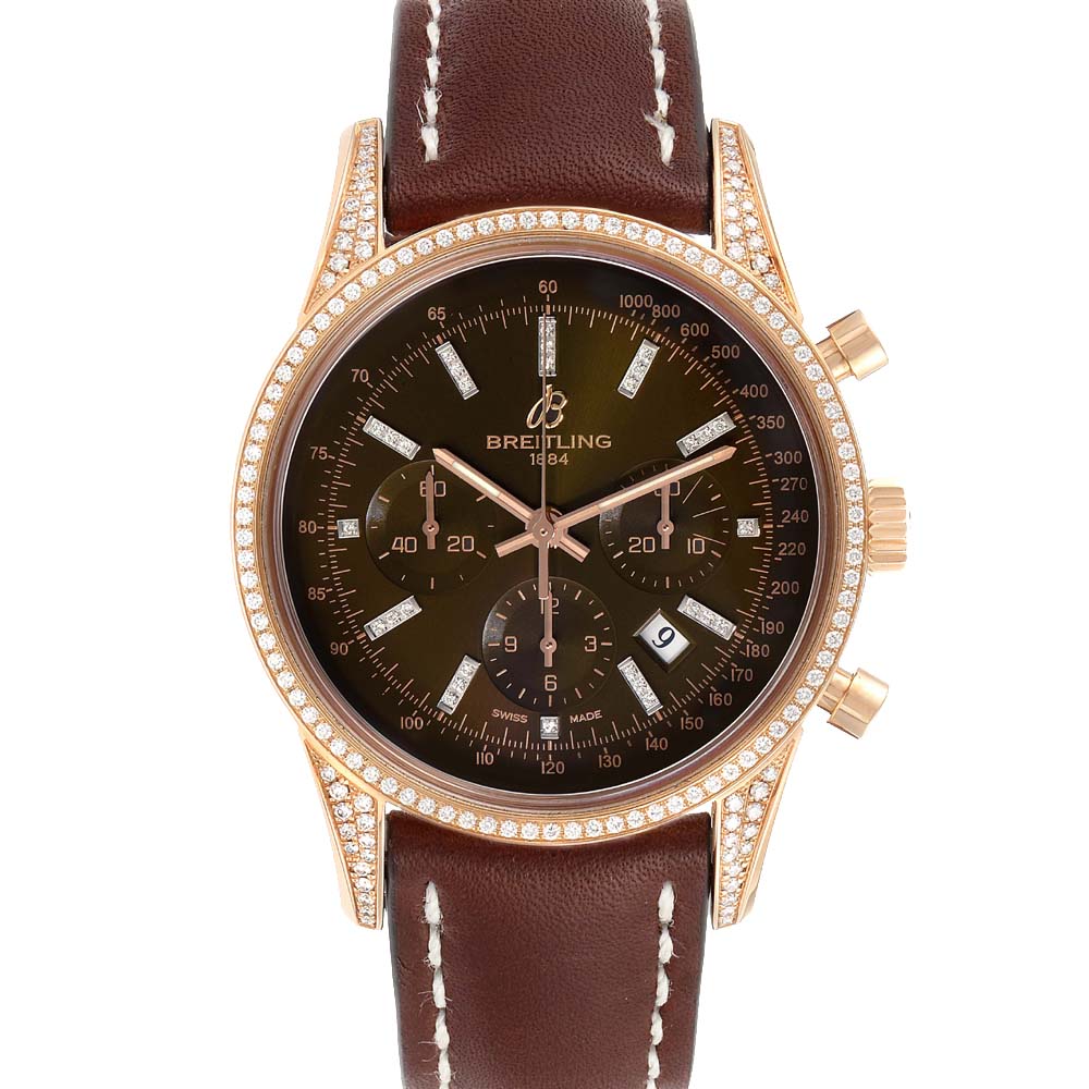 Breitling Brown Diamonds 18K Rose Gold Transocean RB0152 Men's Wristwatch 43 MM