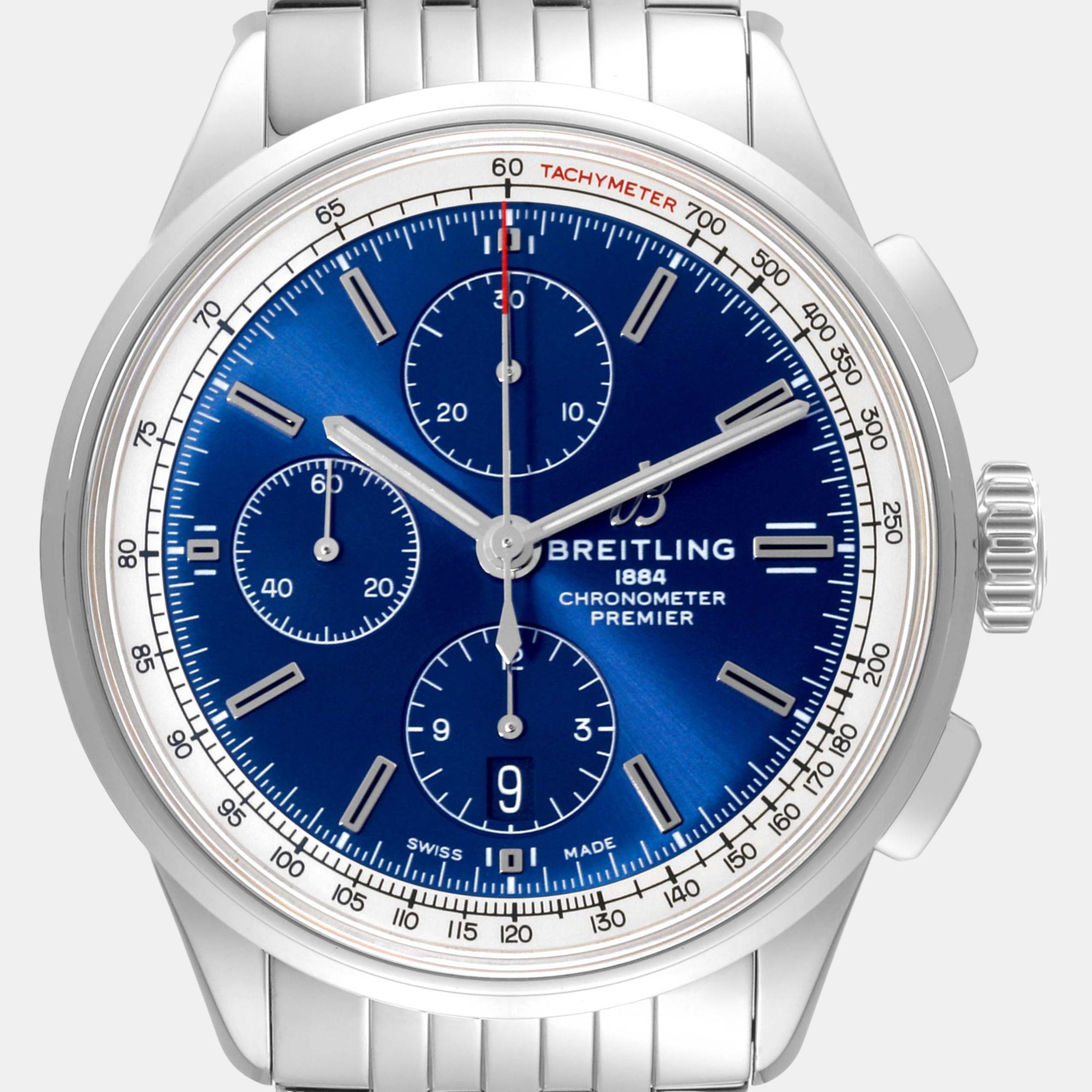 Breitling Blue Stainless Steel Premier A13315 Automatic Men's Wristwatch 42 Mm