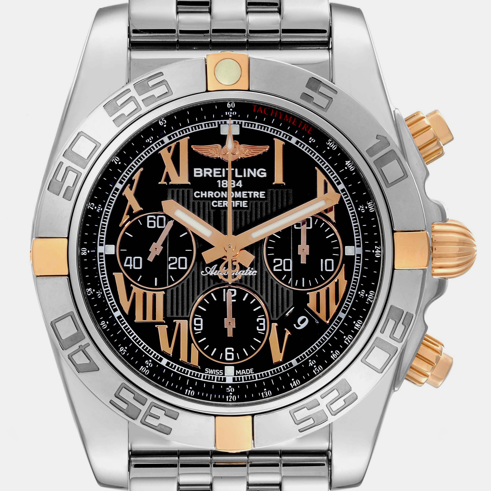 Breitling Black 18k Rose Gold Stainless Steel Chronomat IB0110 Automatic Men's Wristwatch 43.5 Mm