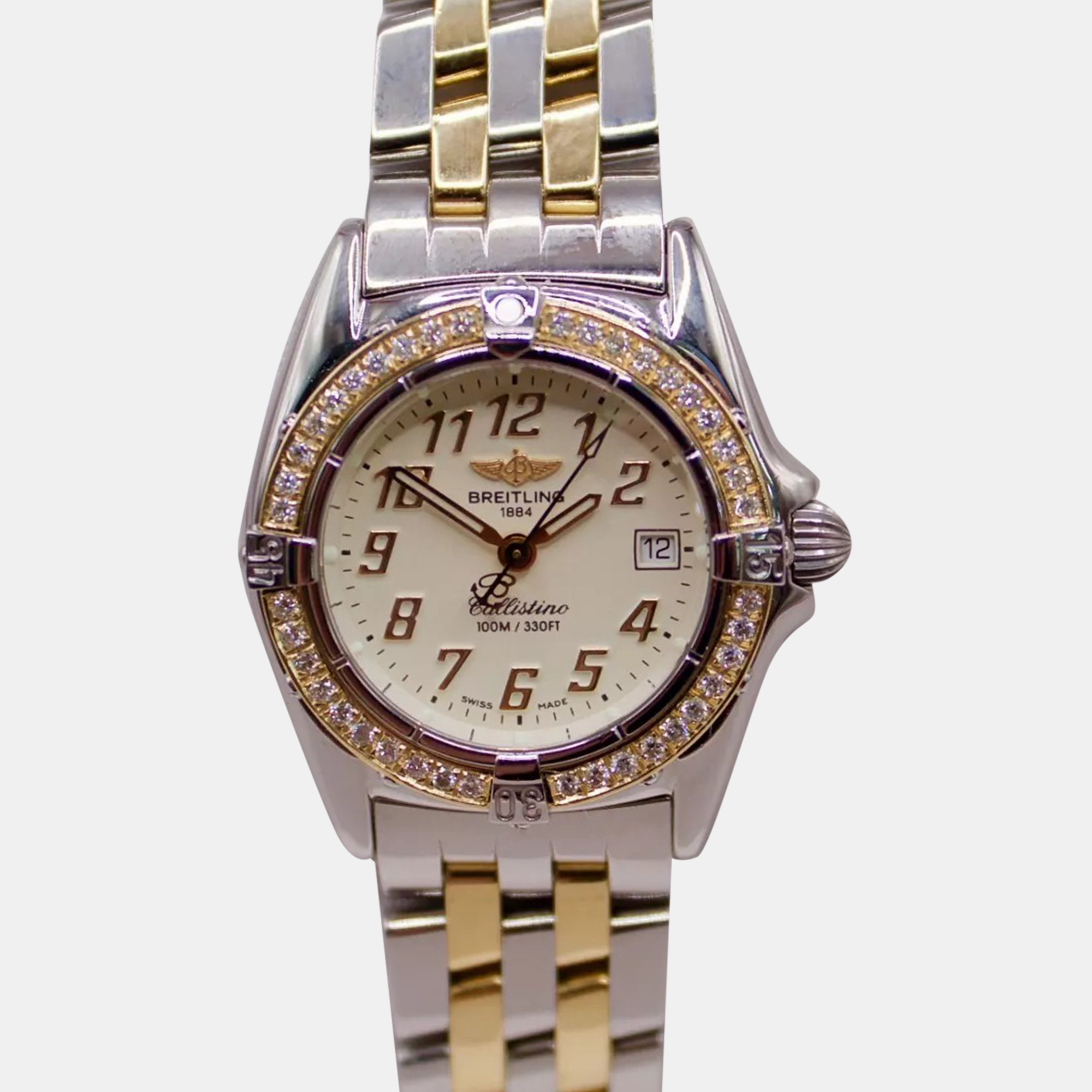 Breitling Customied White 18k Yellow Gold Stainless Steel Callistino Quartz Men's Wristwatch 28 mm
Breitling Customied White 18k Yellow Gold Stainless Steel Callistino Quartz Men's Wristwatch 28 mm