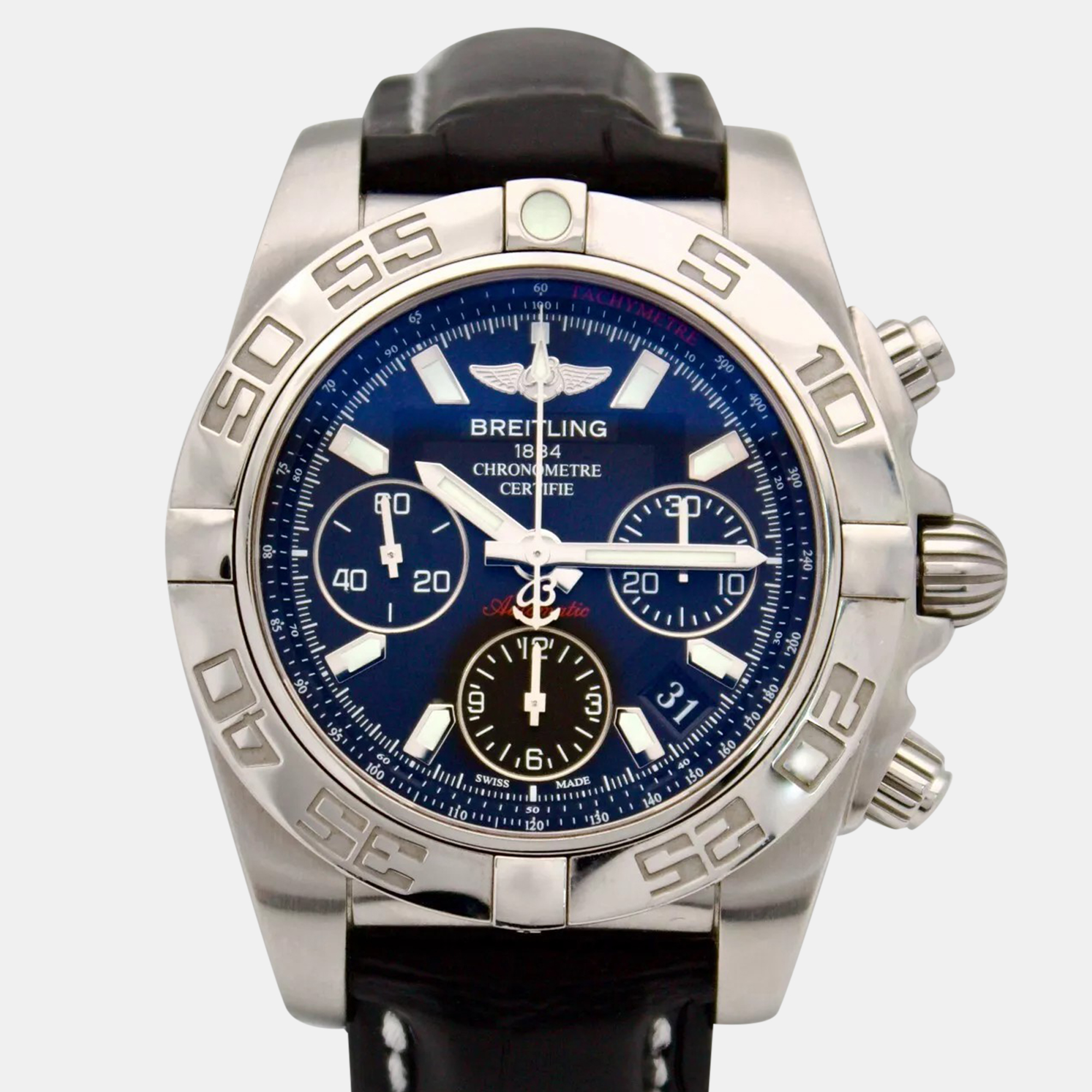 Breitling Blue Stainless Steel Chronomat AB0141 Automatic Chronograph Men's Wristwatch 41 mm
Breitling Blue Stainless Steel Chronomat AB0141 Automatic Chronograph Men's Wristwatch 41 mm
