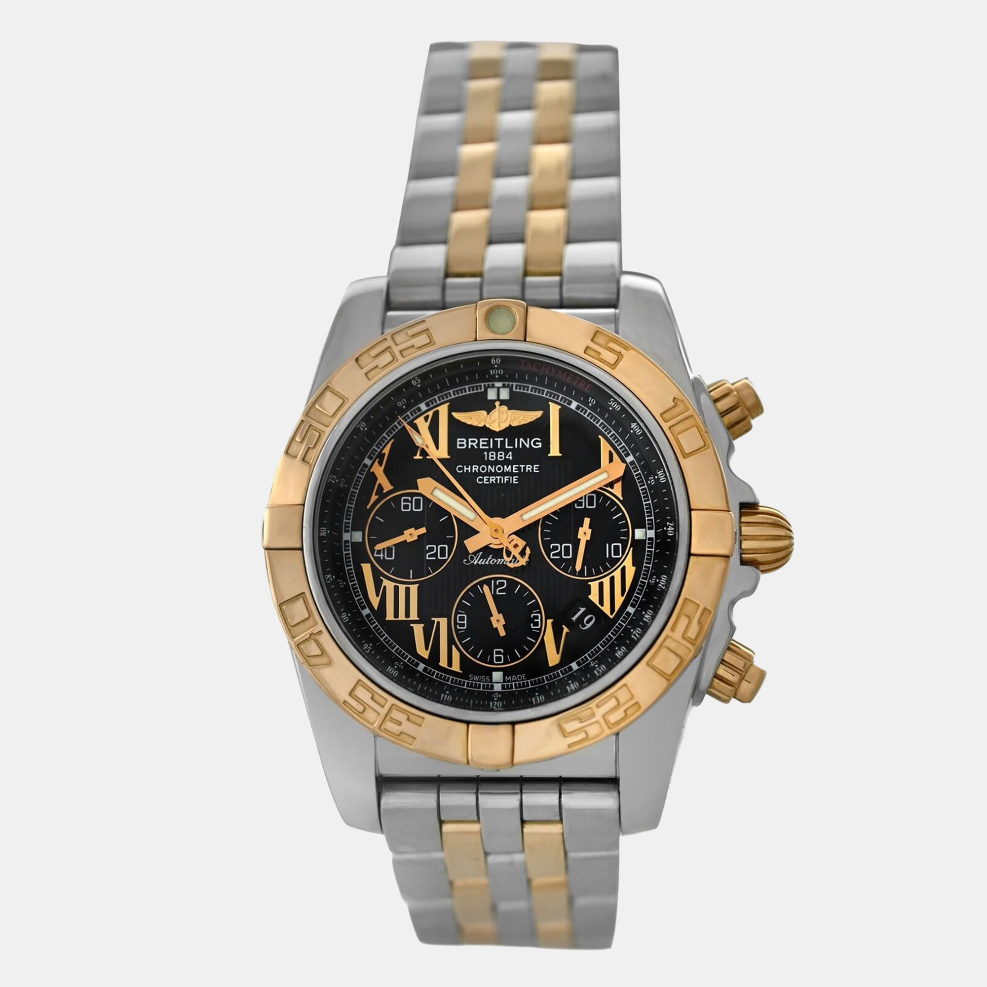 Breitling Black 18k Yellow Gold Stainless Steel Chronomat CB0110 Automatic Men's Wristwatch 44 mm
Breitling Black 18k Yellow Gold Stainless Steel Chronomat CB0110 Automatic Men's Wristwatch 44 mm