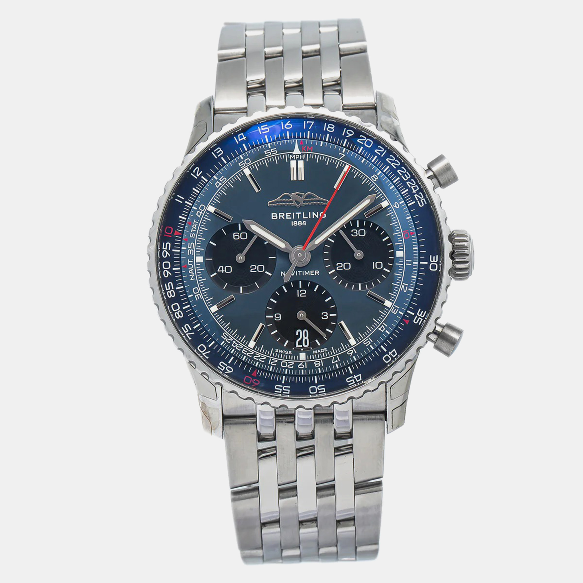 Breitling Blue Stainless Steel Navitimer AB0139 Automatic Men's Wristwatch
Breitling Blue Stainless Steel Navitimer AB0139 Automatic Men's Wristwatch
