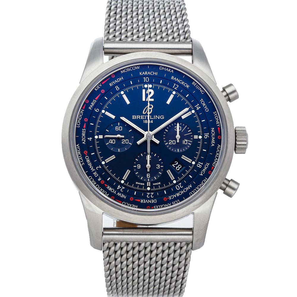 Breitling Blue Stainless Steel Transocean Chronograph Unitime Pilot AB0510U9/C879 Men's Wristwatch 46 MM