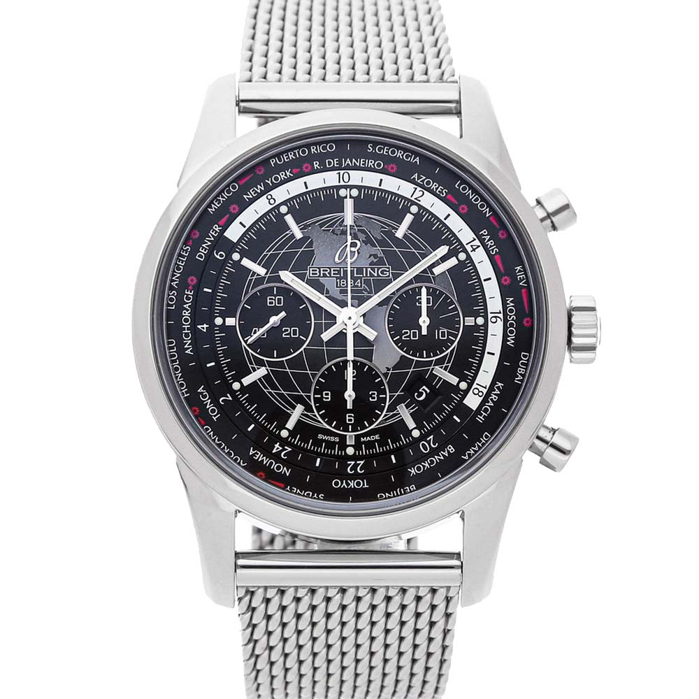Breitling Black Stainless Steel Transocean Chronograph Unitime AB0510U4/BE84 Men's Wristwatch 46 MM