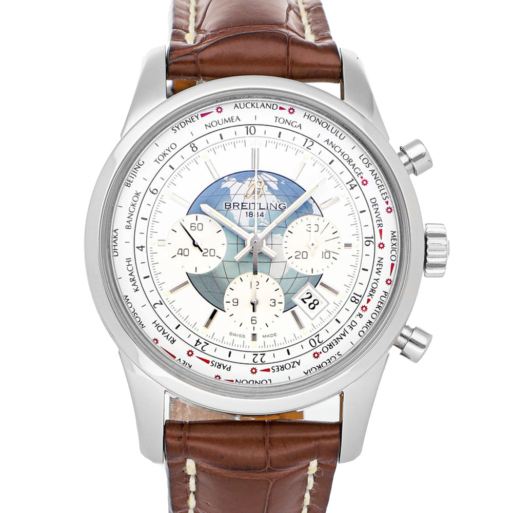 Breitling Silver Stainless Steel Transocean Chronograph Unitime AB0510U0/A732 Men's Wristwatch 46 MM