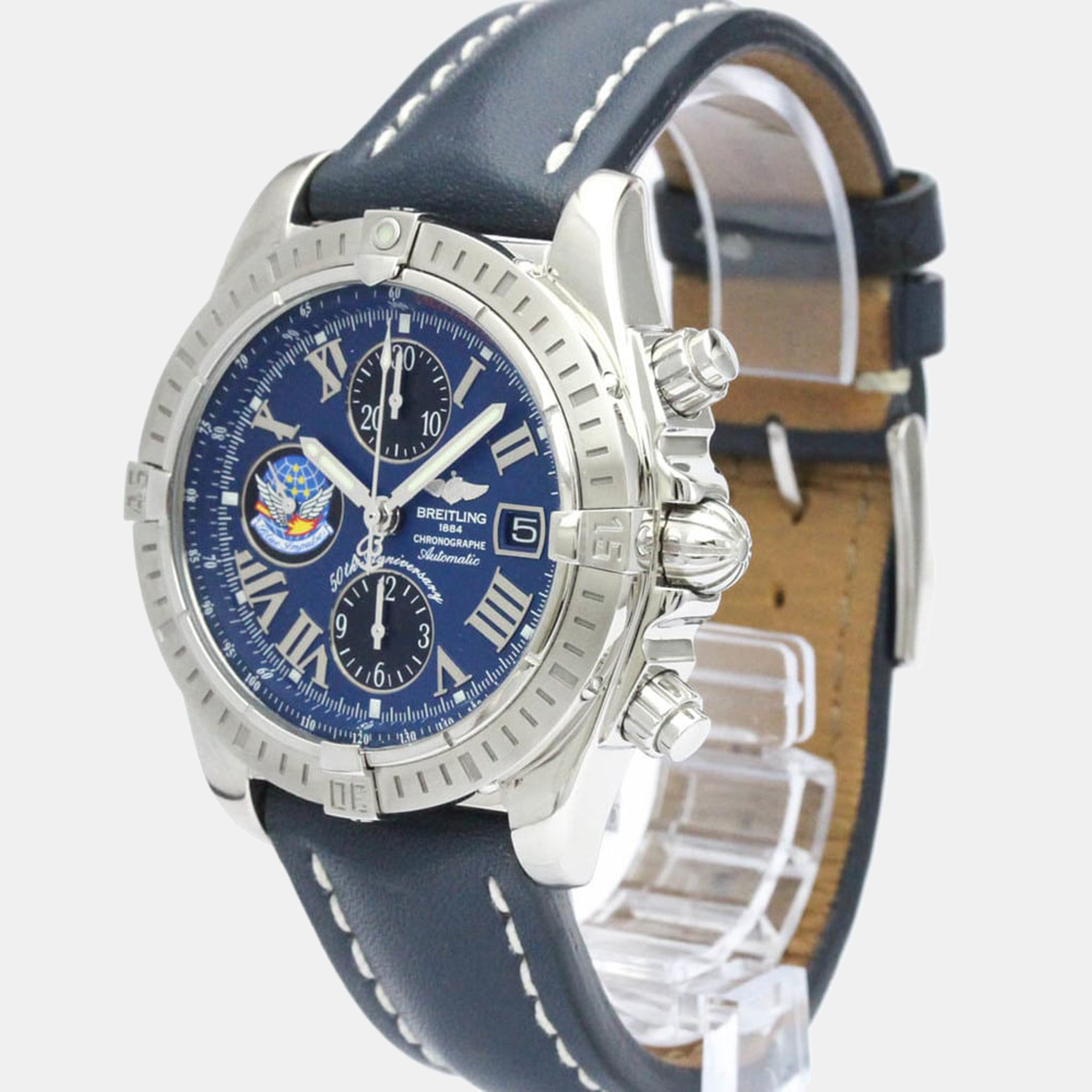 Breitling Blue Stainless Steel And Leather Chronomat A13356 Automatic Men's Wristwatch 44mm