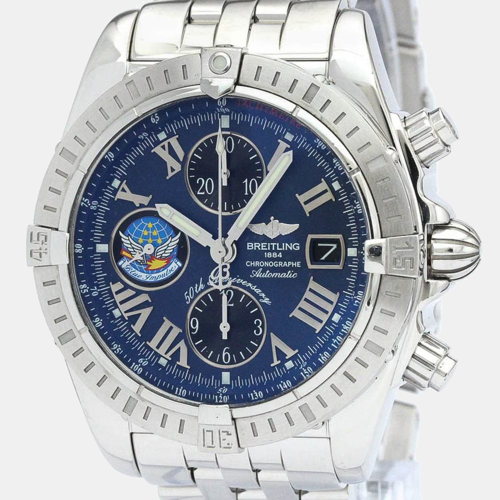 Breitling blue stainless steel chronomat a13356 automatic chronograph men's wristwatch 44mm