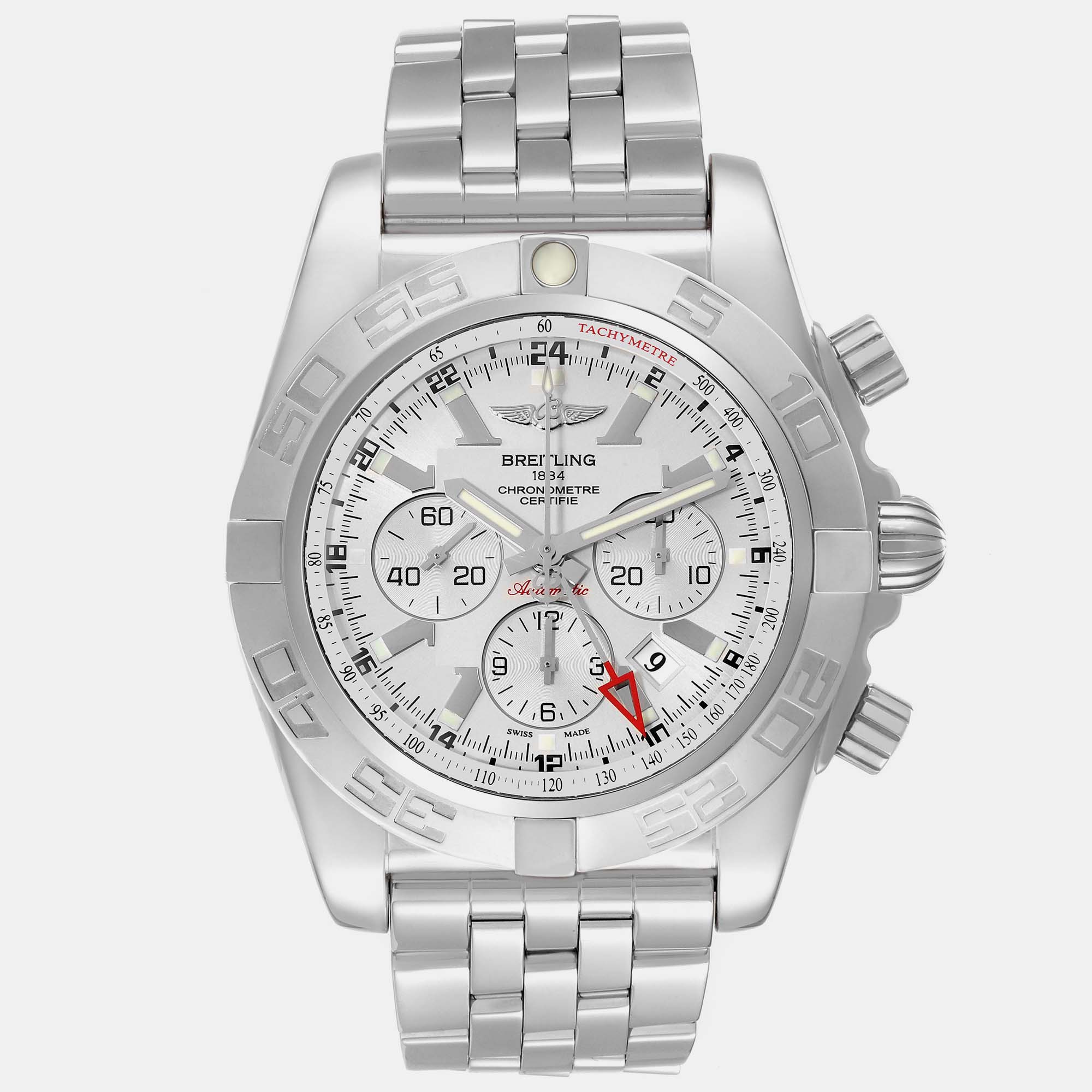 Breitling silver stainless steel chronomat ab0410 automatic men's wristwatch 47 mm