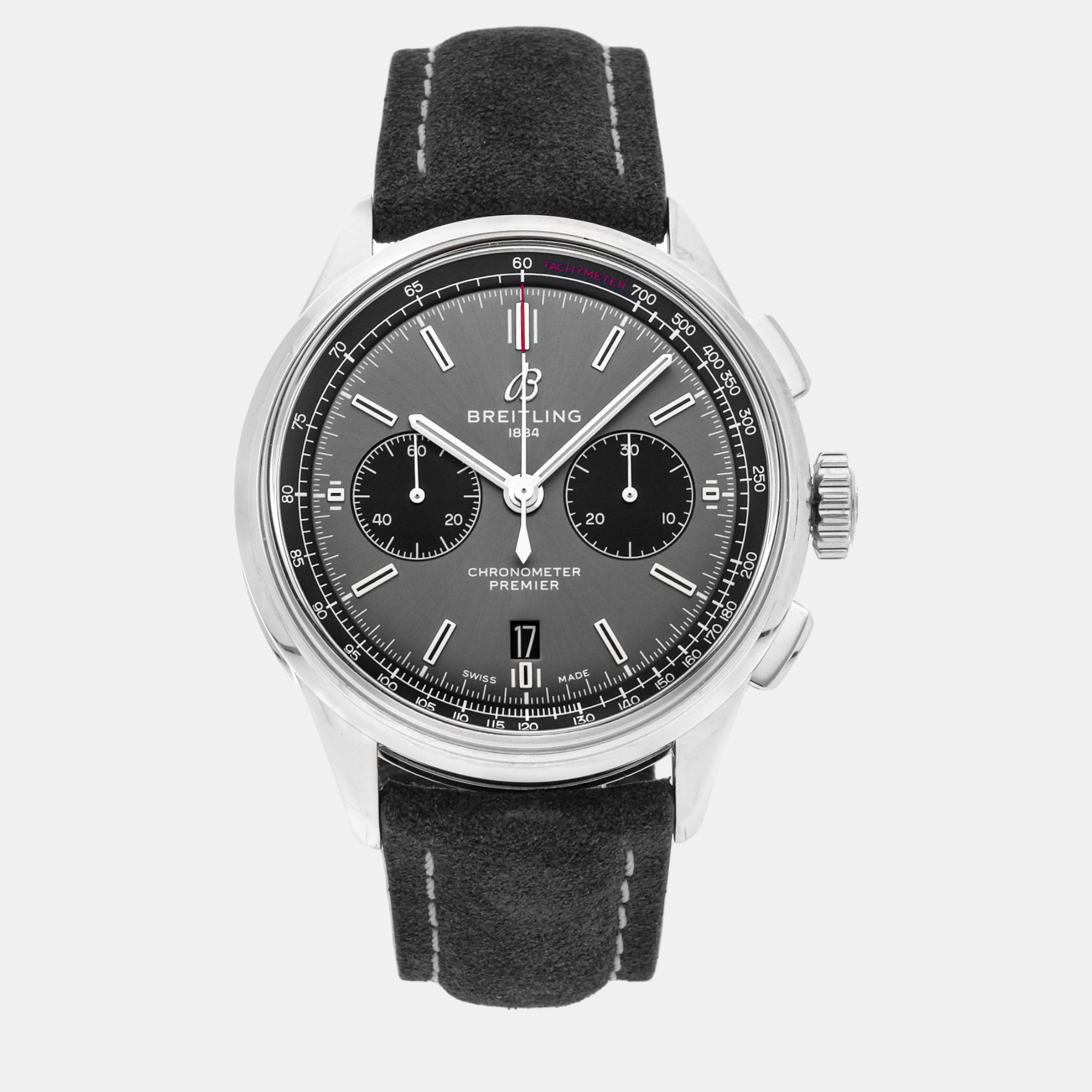 Breitling grey stainless steel premier ab0118221b1x1 automatic men's wristwatch 42 mm