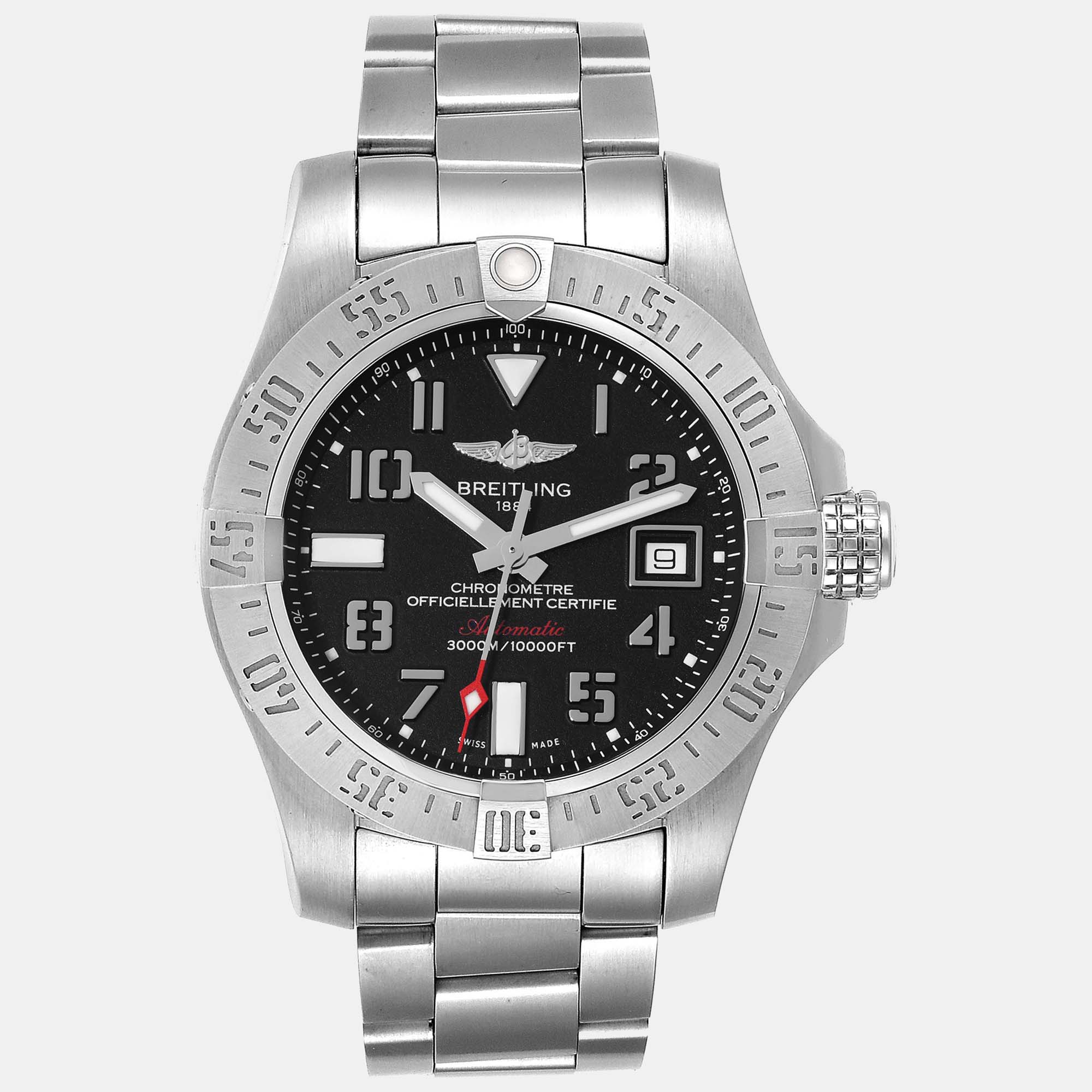 Breitling black stainless steel  aeromarine avenger automatic men's wristwatch 45 mm