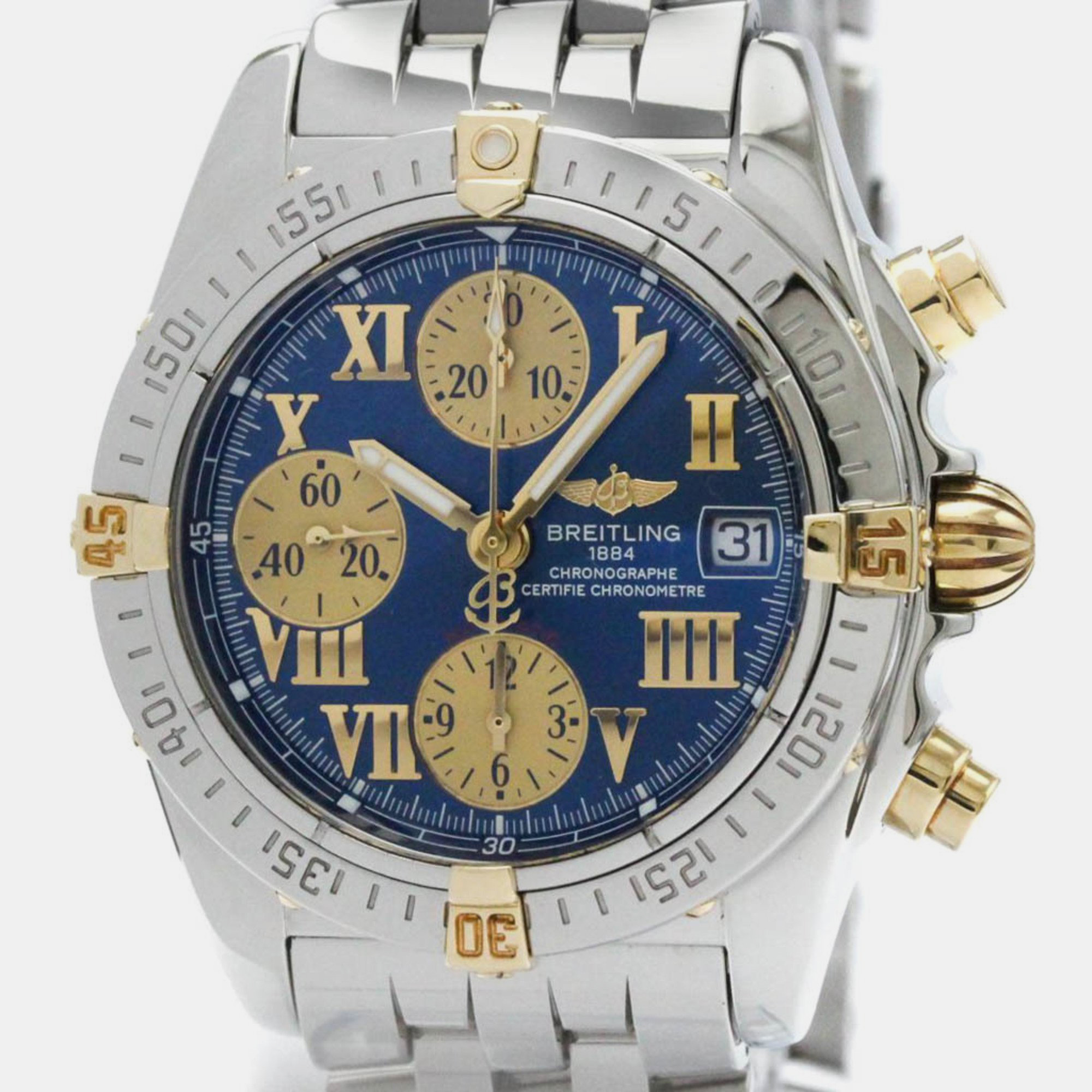 Breitling blue 18k yellow gold stainless steel cockpit b13357 automatic men's wristwatch 40 mm