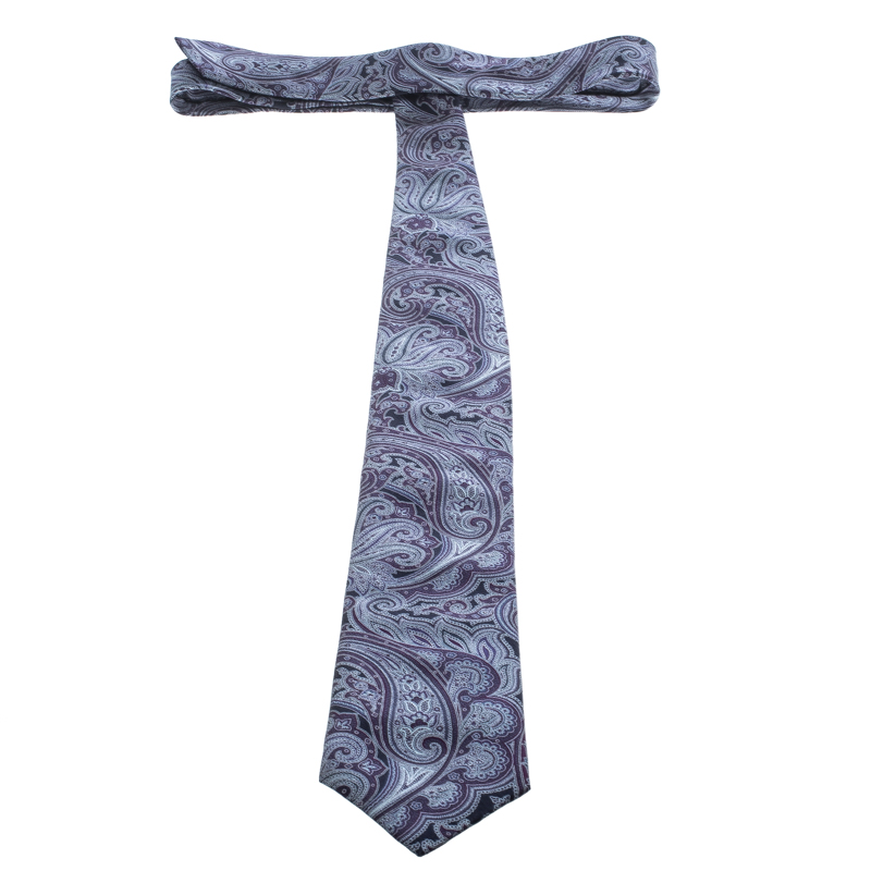 Brioni Navy Blue And Purple Paisley Printed Silk Tie