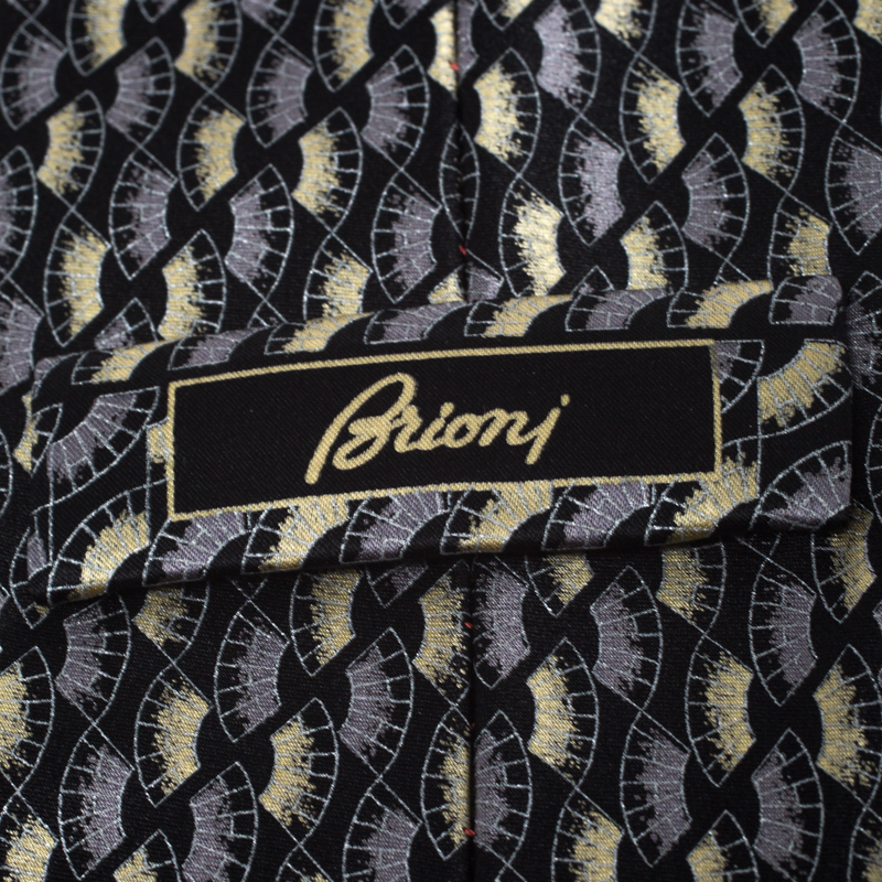 Brioni Vintage Black & Metallic Foil Print Motif Silk Tie