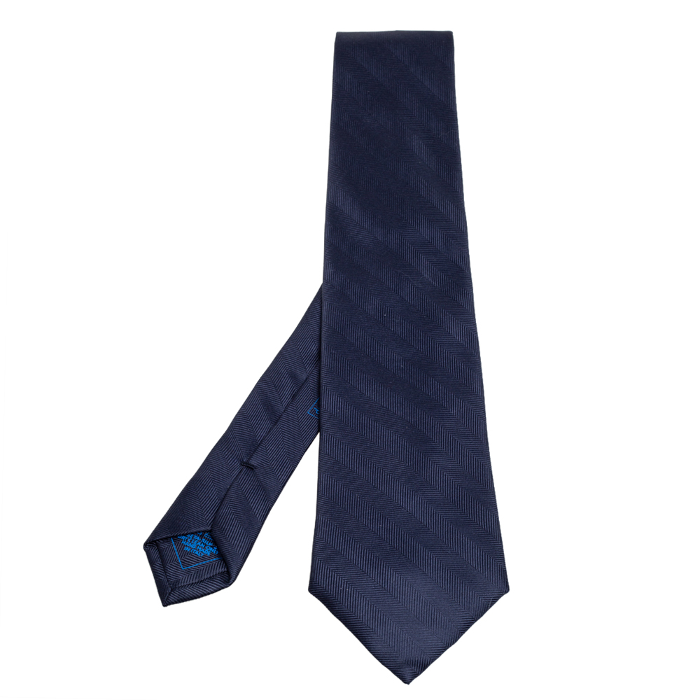 Brioni Navy Blue Diagonal Stripe Textured Silk Tie
