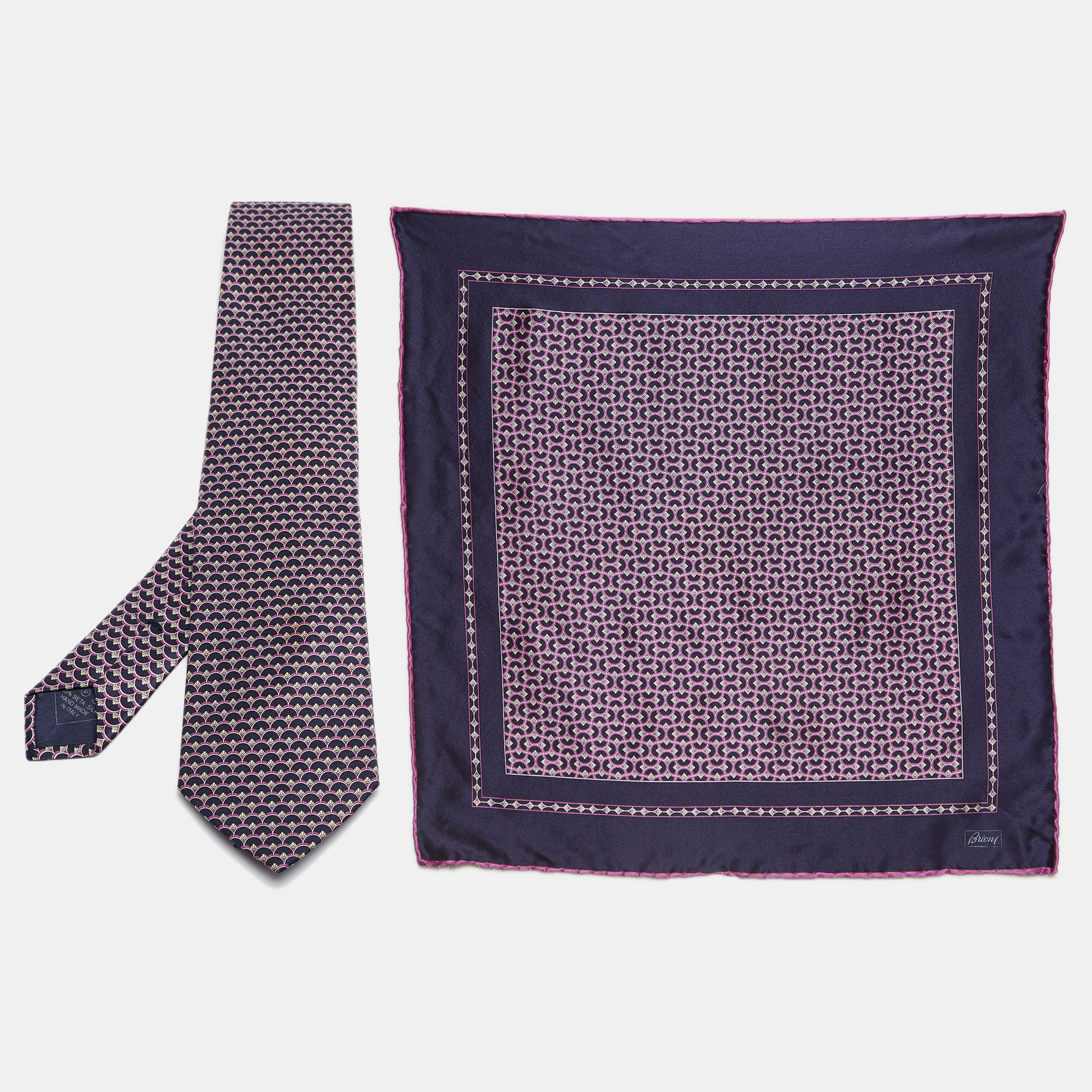 Brioni purple printed satin pocket square and tie