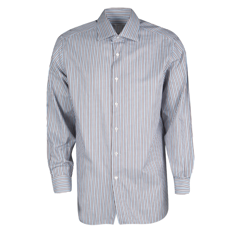 Image of Brioni Multicolor Striped Cotton Long Sleeve Button Front Shirt XXL