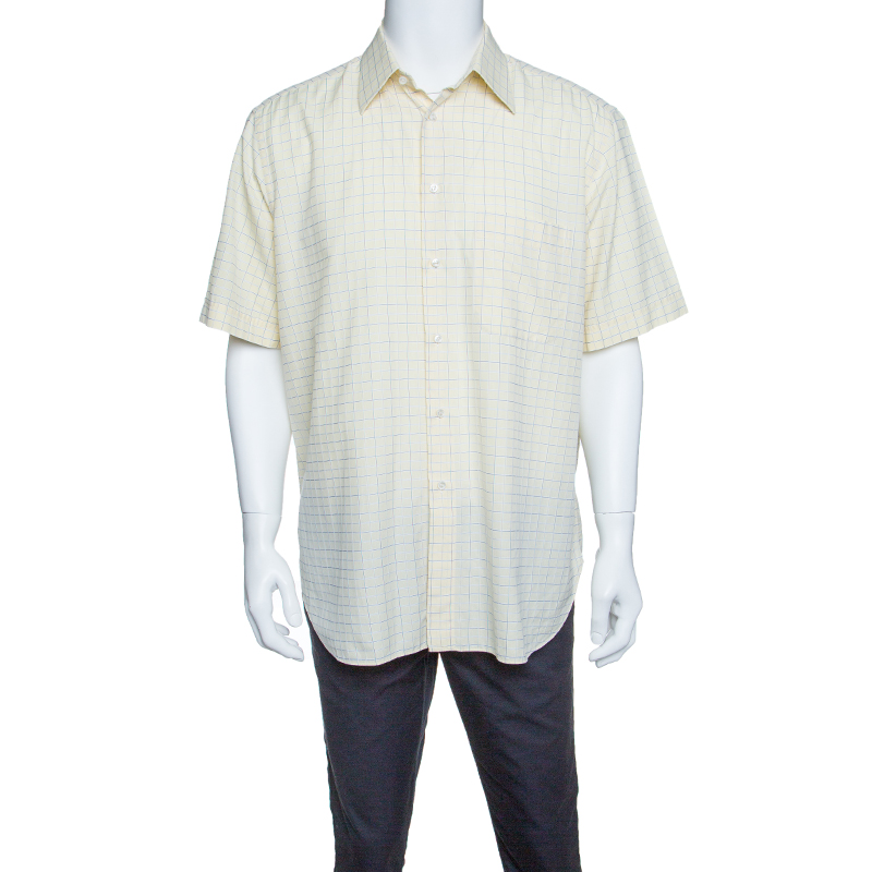 Image of Brioni Pale Yellow Checkered Cotton Short Sleeve Button Front Shirt XXL