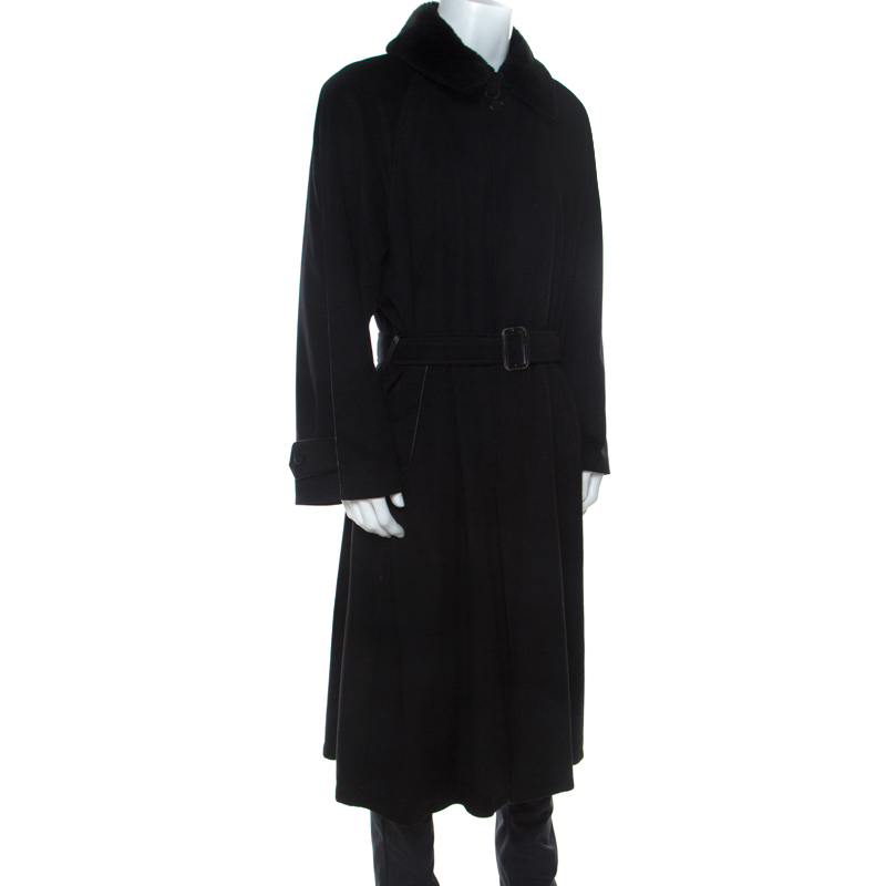 

Brioni Black Cashmere Detachable Fur Collar Detail Belted Long Coat
