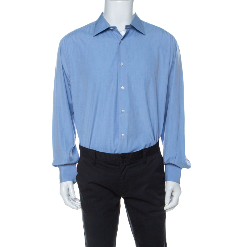Image of Brioni Blue Cotton Button Front Regular Fit Shirt XXXL