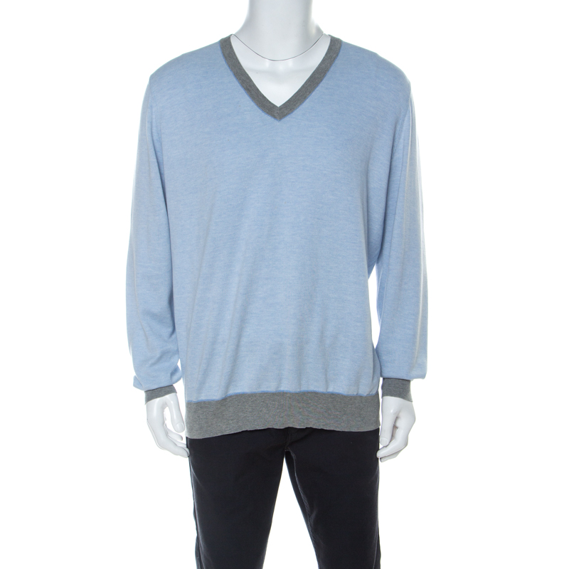 

Brunello Cucinelli Light Blue Cotton V Neck Sweater