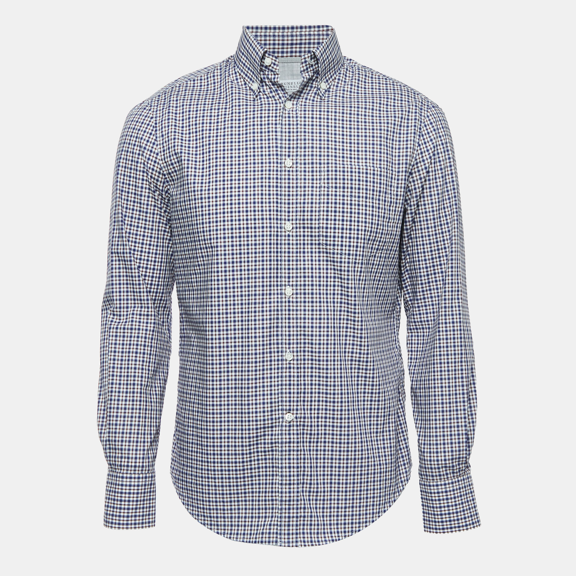 Brunello Cucinelli Navy Blue Plaid Cotton Button Down Full Sleeve Slim Fit Shirt S