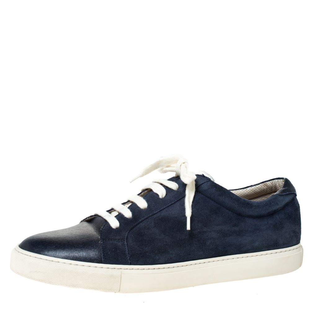 Image of Brunello Cucinelli Blue Suede and Leather Lace Up Low Top Sneakers Size .
