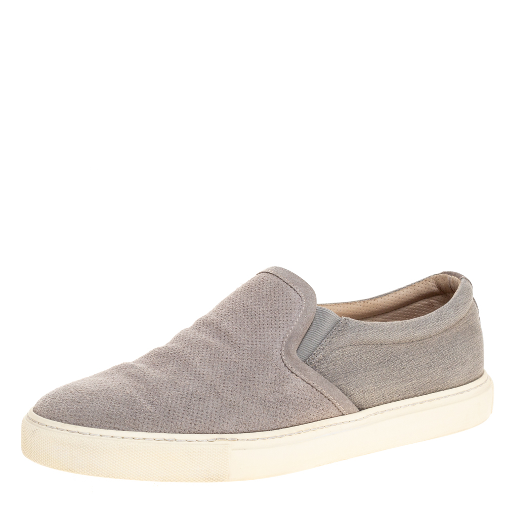 Image of Brunello Cucinelli Grey Perforated Suede And Fabric Slip On Sneakers Size