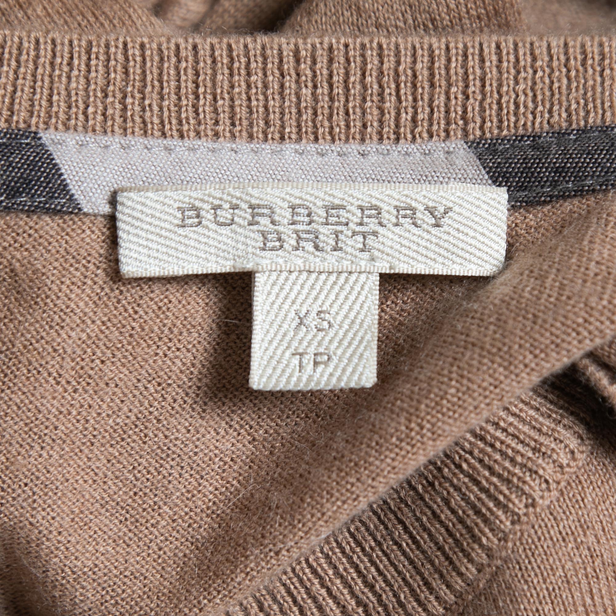 Burberry Brit Beige Knit Horseferry Check Shoulder Detail Crew Neck Sweatshirt XS