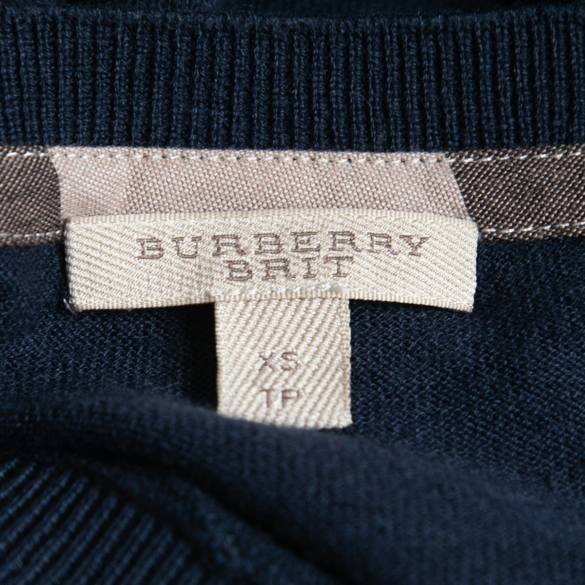Burberry Brit Navy Blue Knit Horseferry Check Shoulder Detail Crew Neck Sweatshirt XS