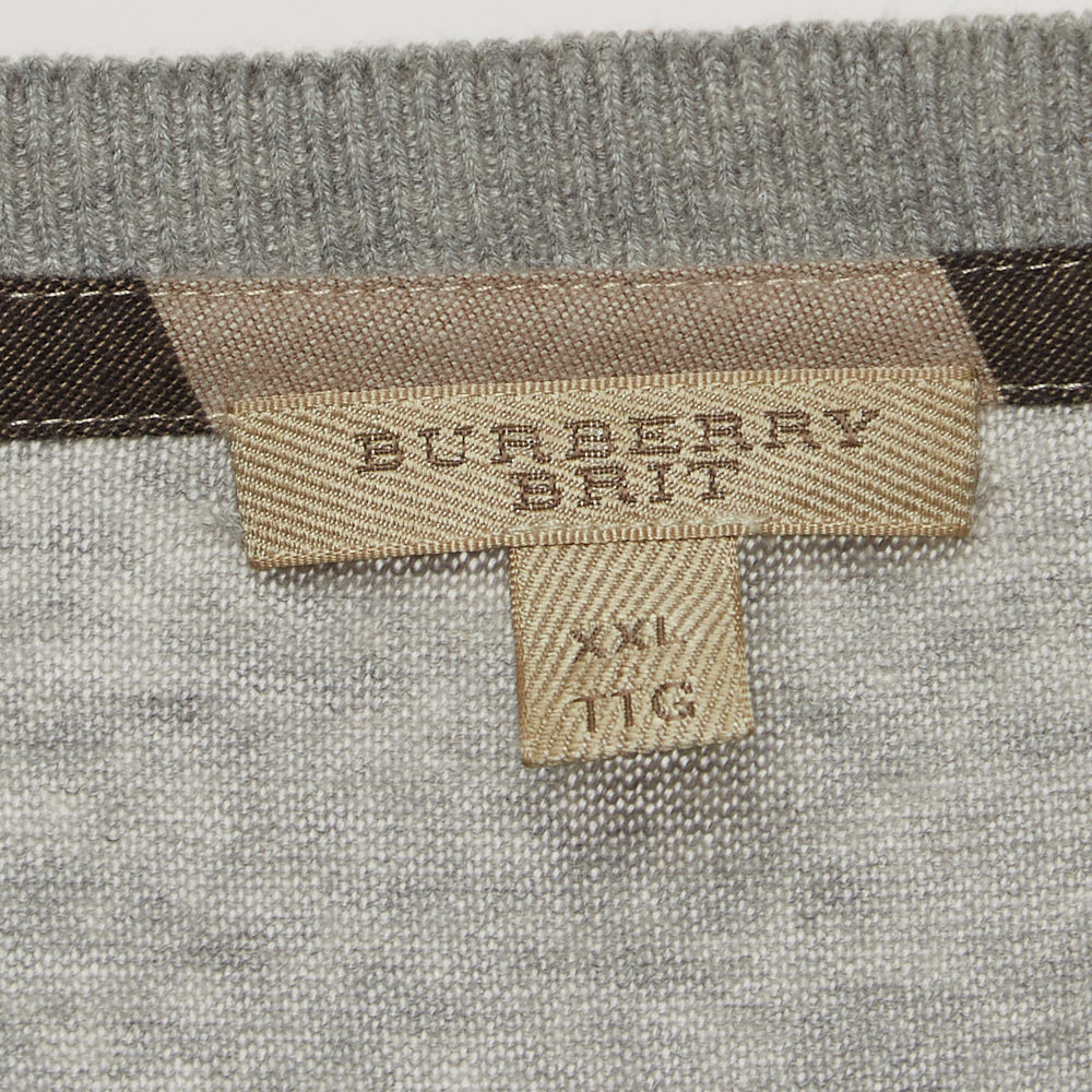 Burberry Brit Grey Cashmere And Cotton Check Detail Round Neck Sweater XXL
