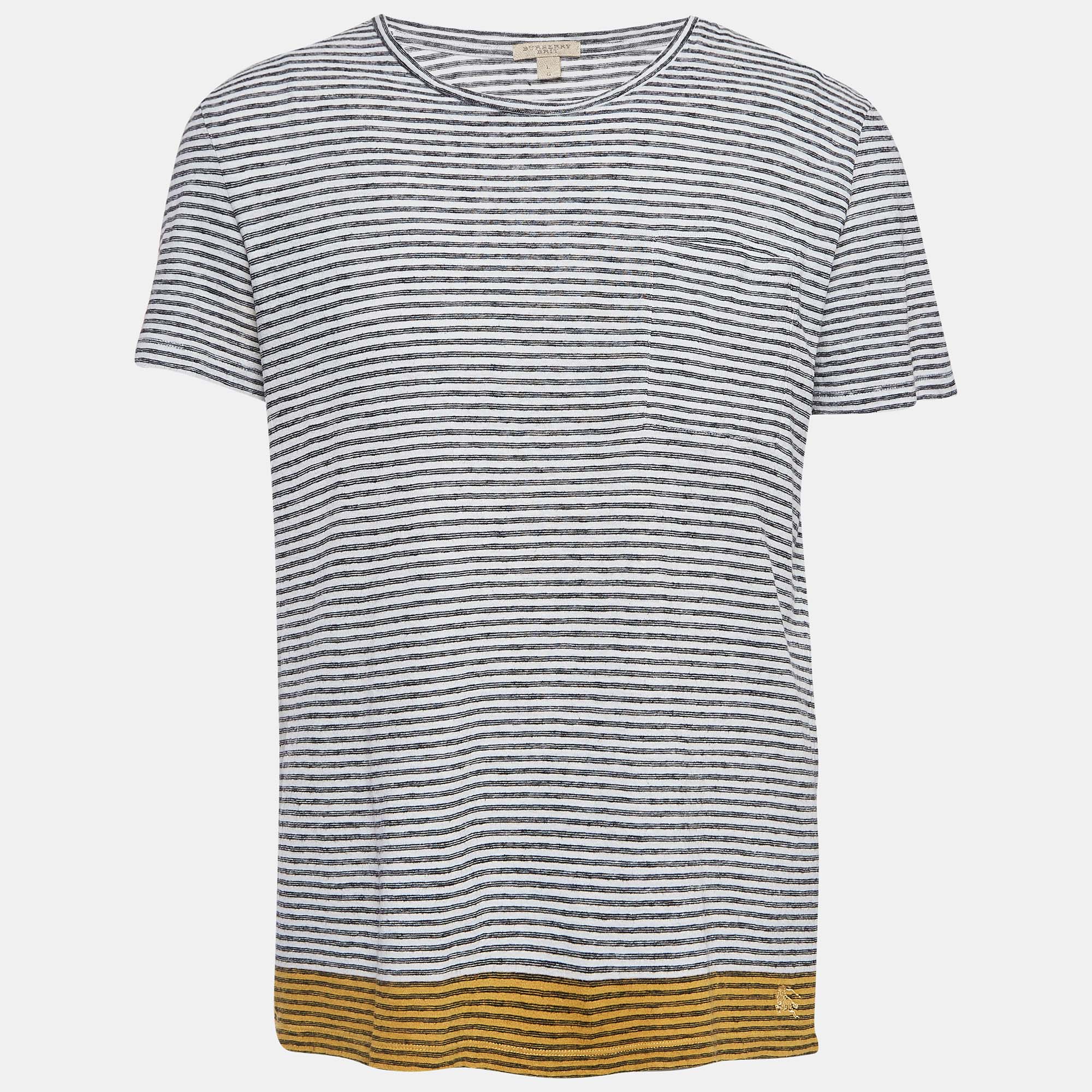 Burberry brit white striped linen blend half sleeve t-shirt l