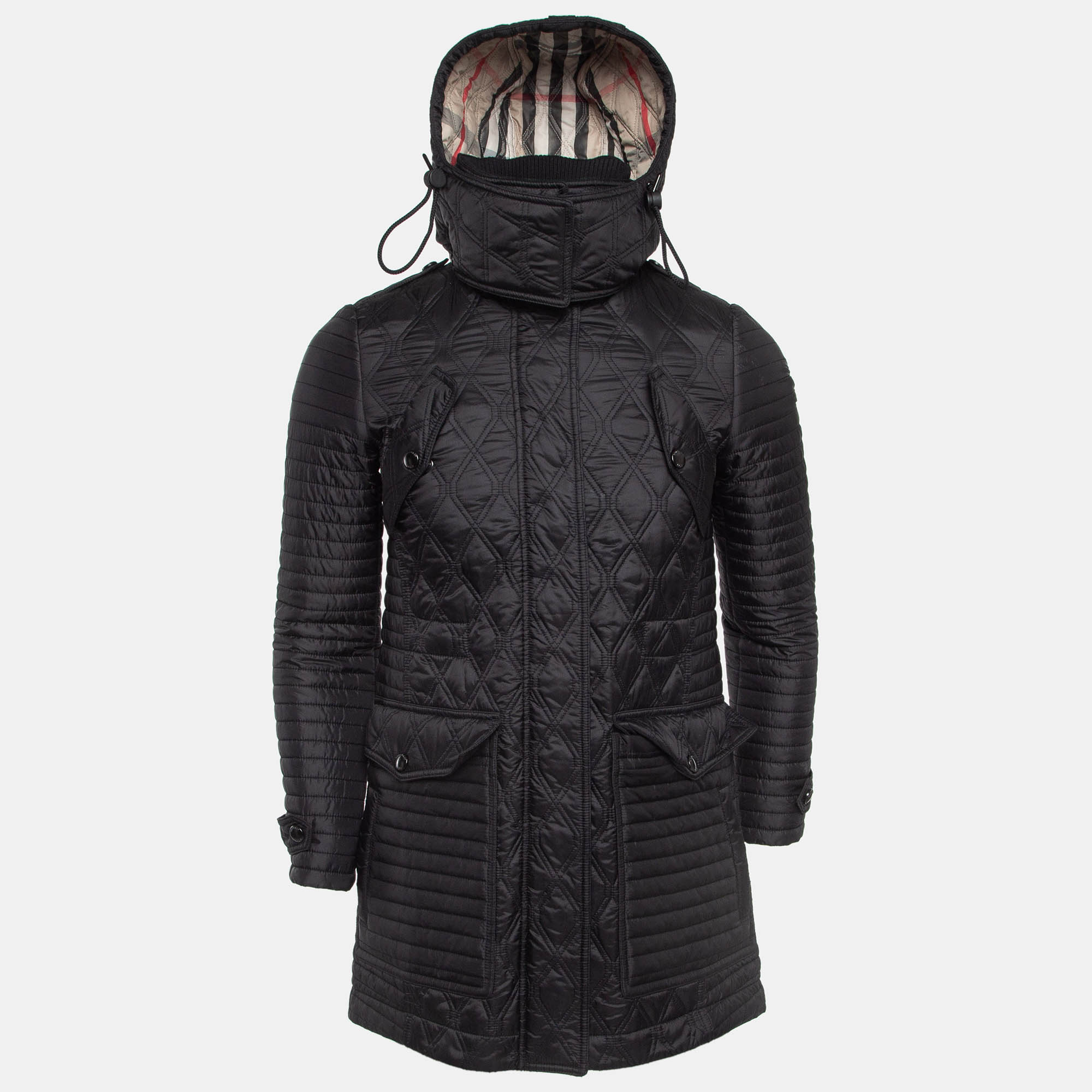 Burberry brit burberry black synthetic quilted detachable hood jacket s