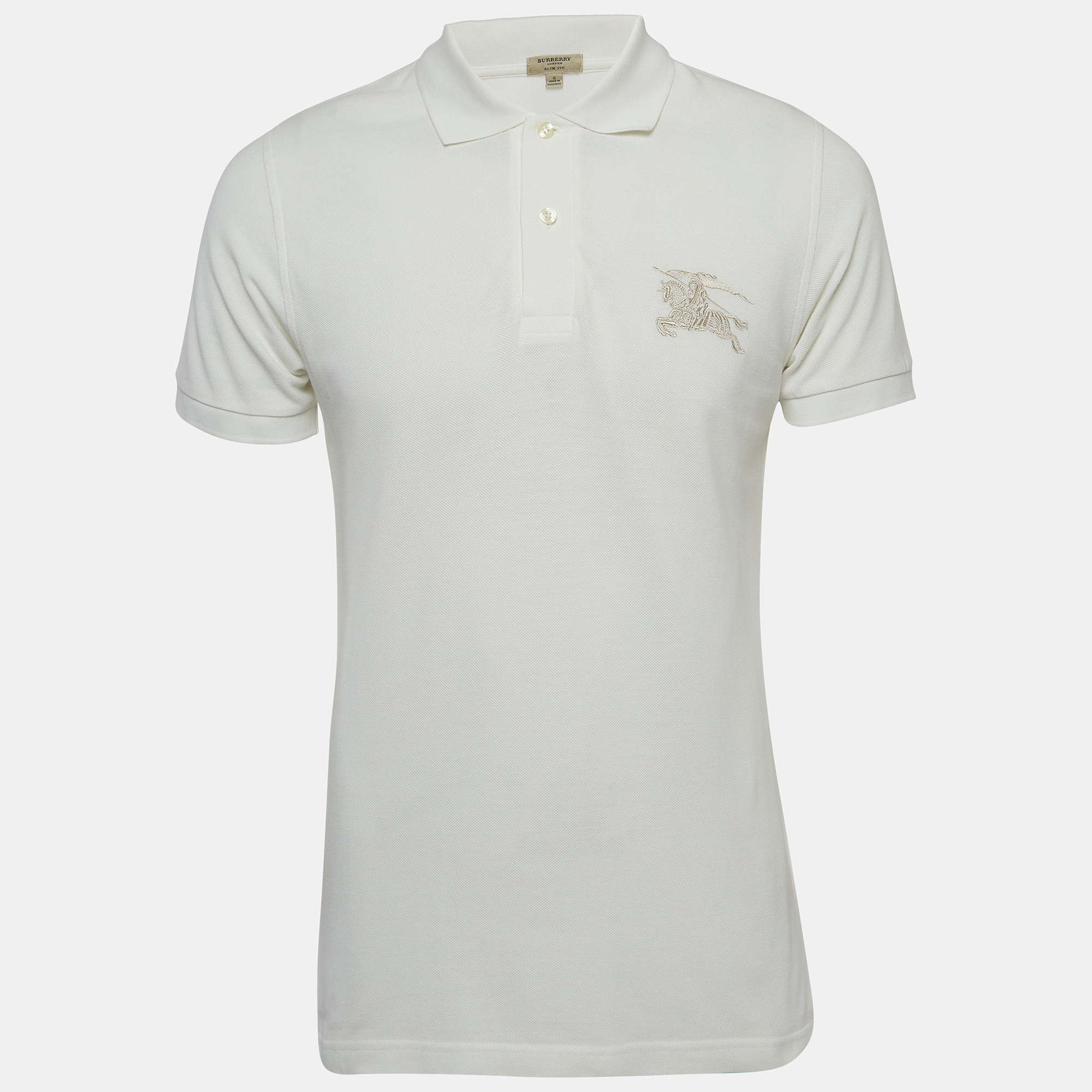 Burberry White Logo Embroidered Cotton Pique Slim Fit Polo T-Shirt S